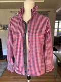 SOLD Jolie - Sand Upcycled Men's Shirt Ruffle Collar and Sleeve - Pink Plaid - size S