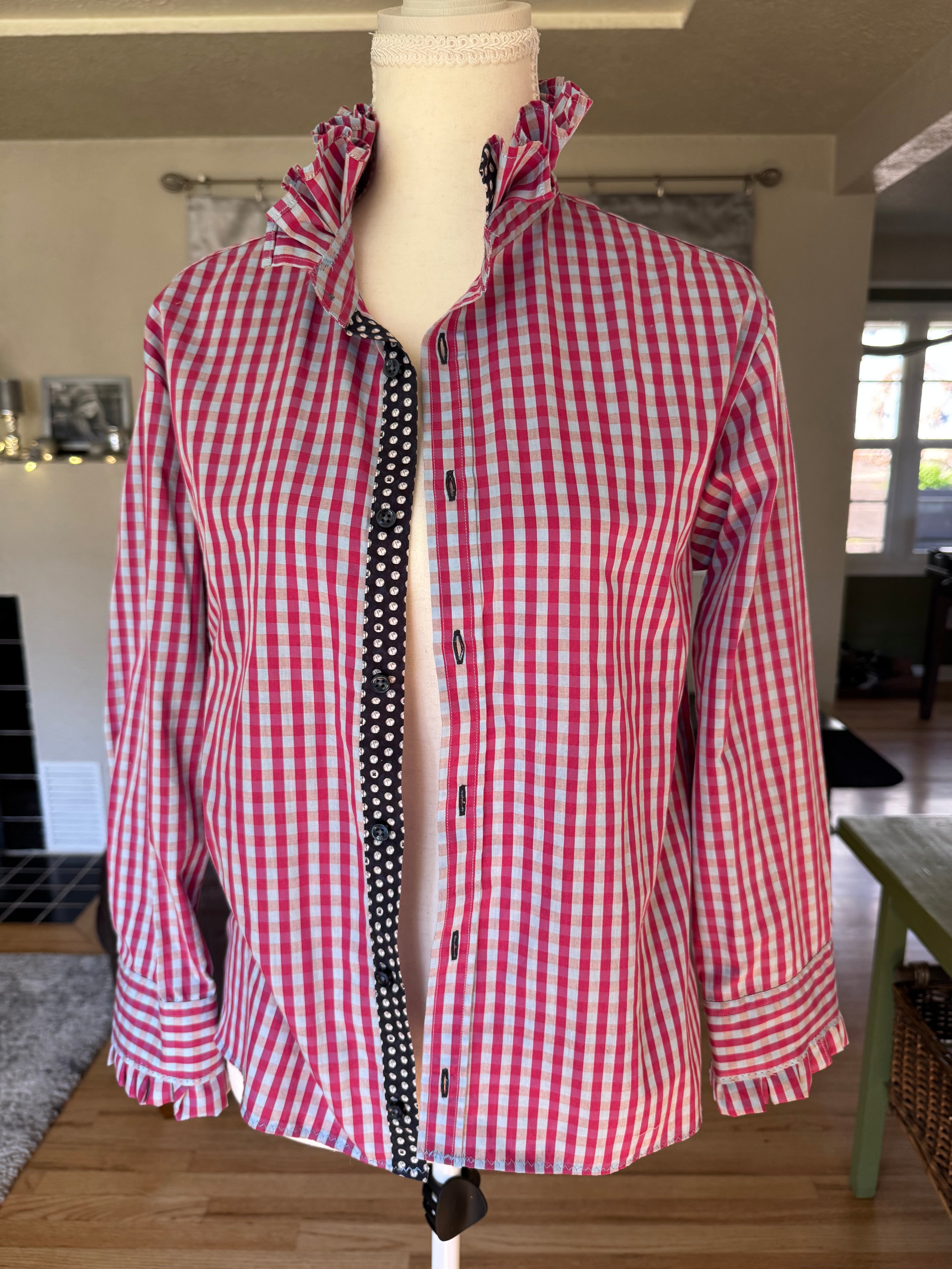 SOLD Jolie - Sand Upcycled Men's Shirt Ruffle Collar and Sleeve - Pink Plaid - size S
