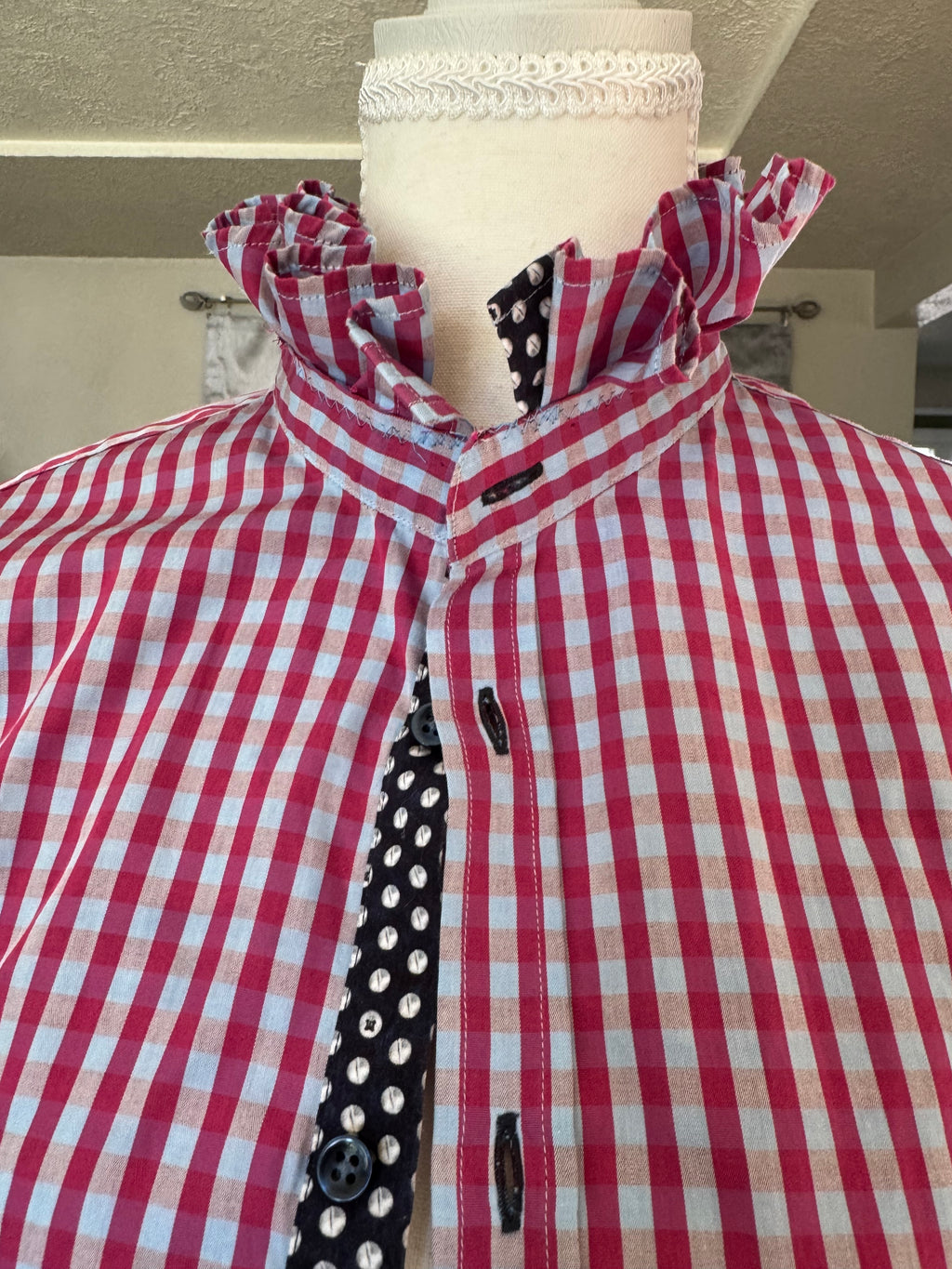 SOLD Jolie - Sand Upcycled Men's Shirt Ruffle Collar and Sleeve - Pink Plaid - size S
