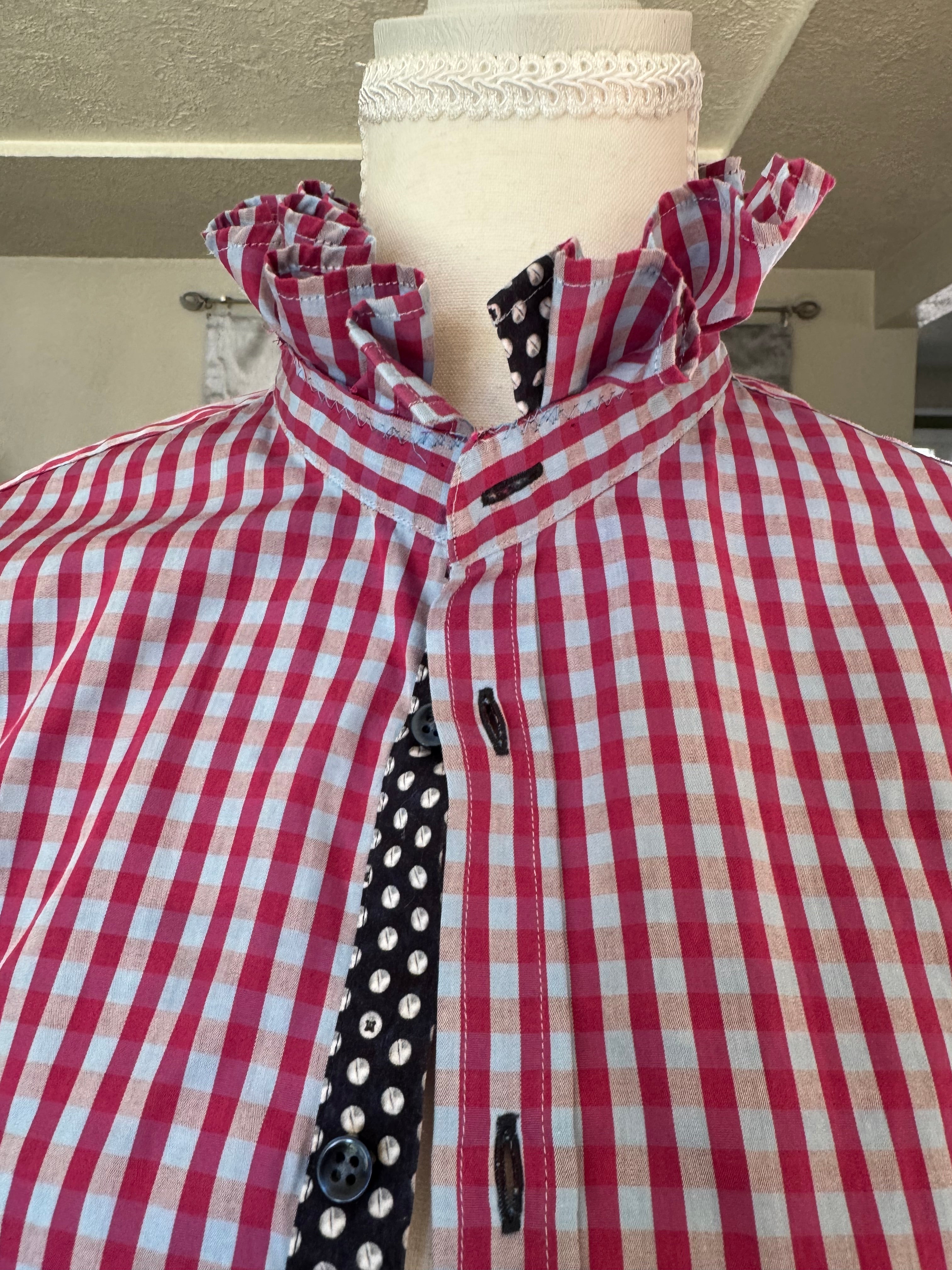 SOLD Jolie - Sand Upcycled Men's Shirt Ruffle Collar and Sleeve - Pink Plaid - size S