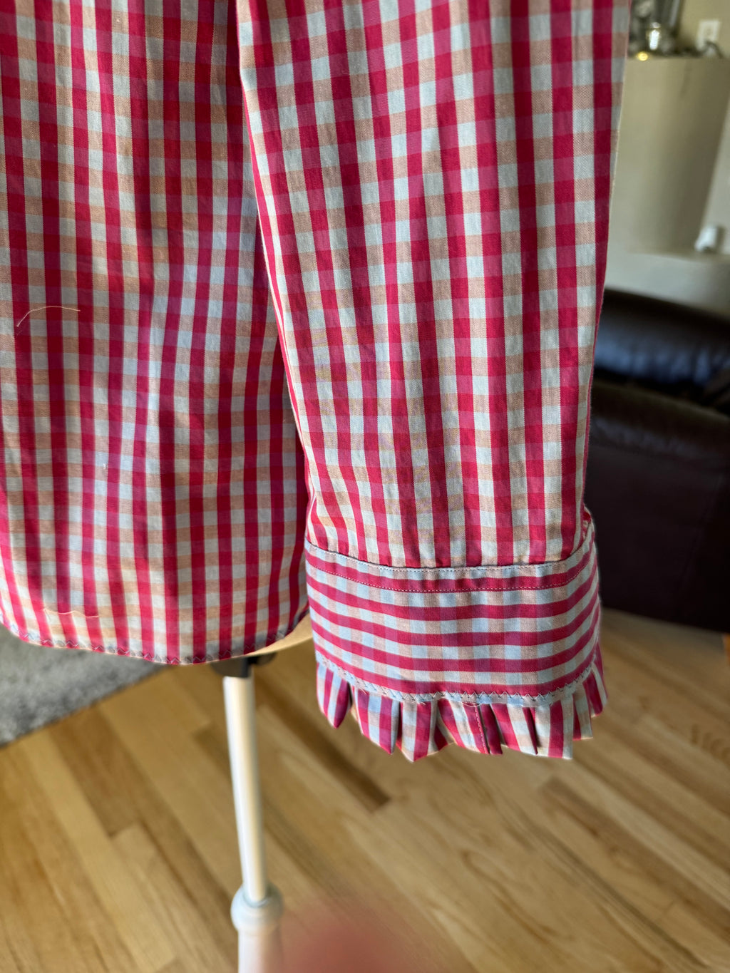 SOLD Jolie - Sand Upcycled Men's Shirt Ruffle Collar and Sleeve - Pink Plaid - size S
