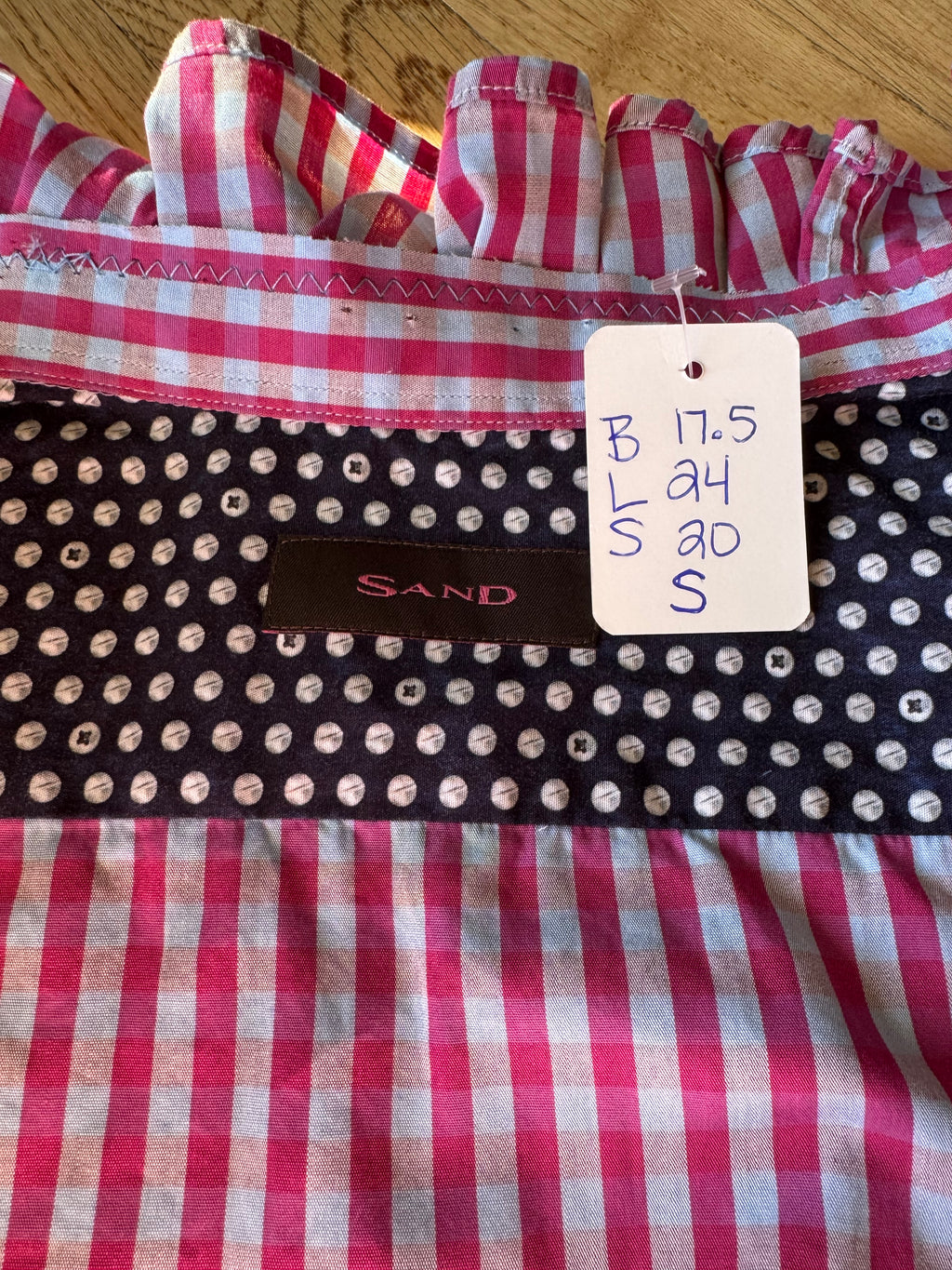 SOLD Jolie - Sand Upcycled Men's Shirt Ruffle Collar and Sleeve - Pink Plaid - size S