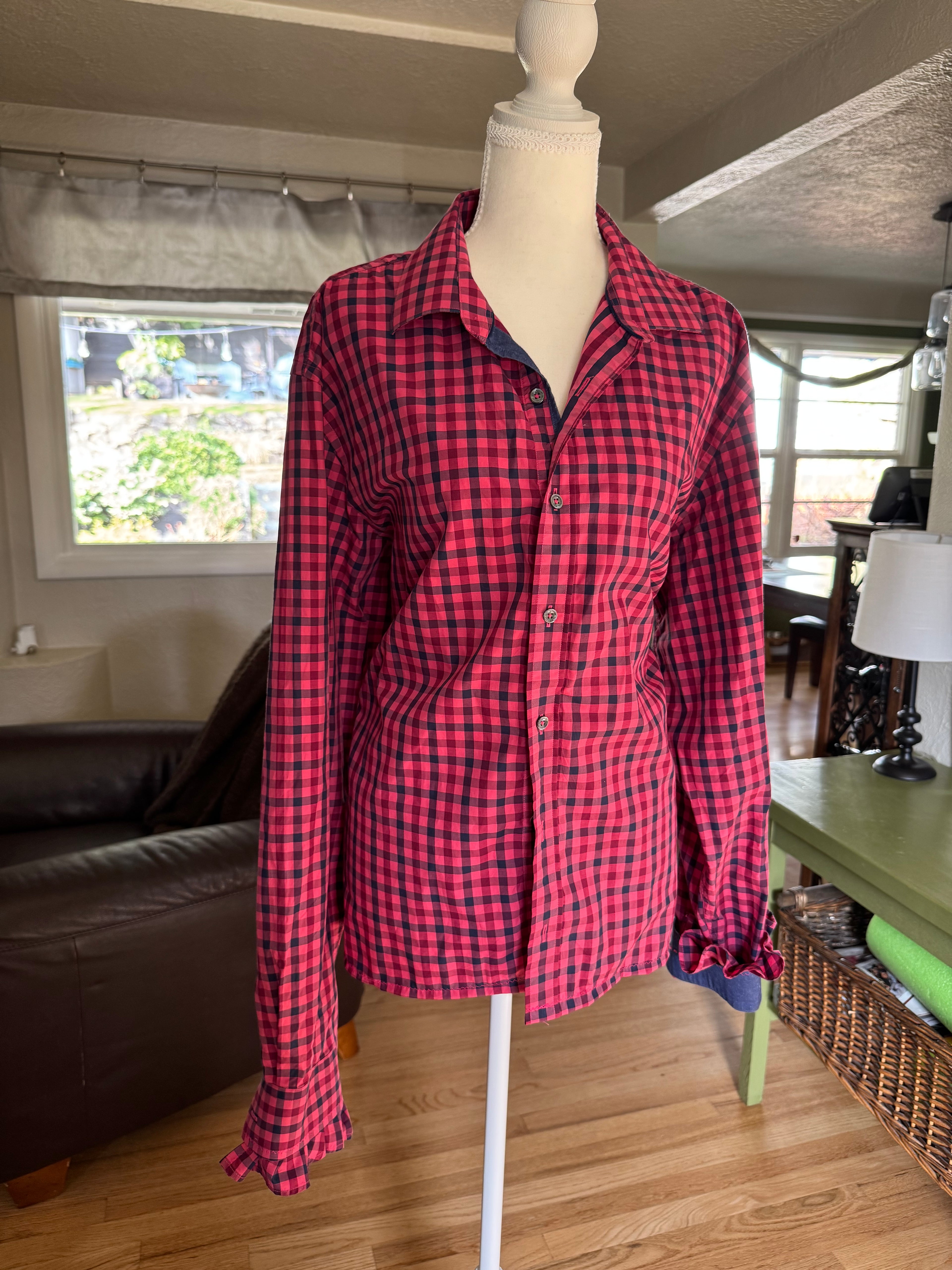 SOLD Juliet - Bugatchi Upcycled Mens Dress Ruffle Sleeve shirt Pink Plaid - XL