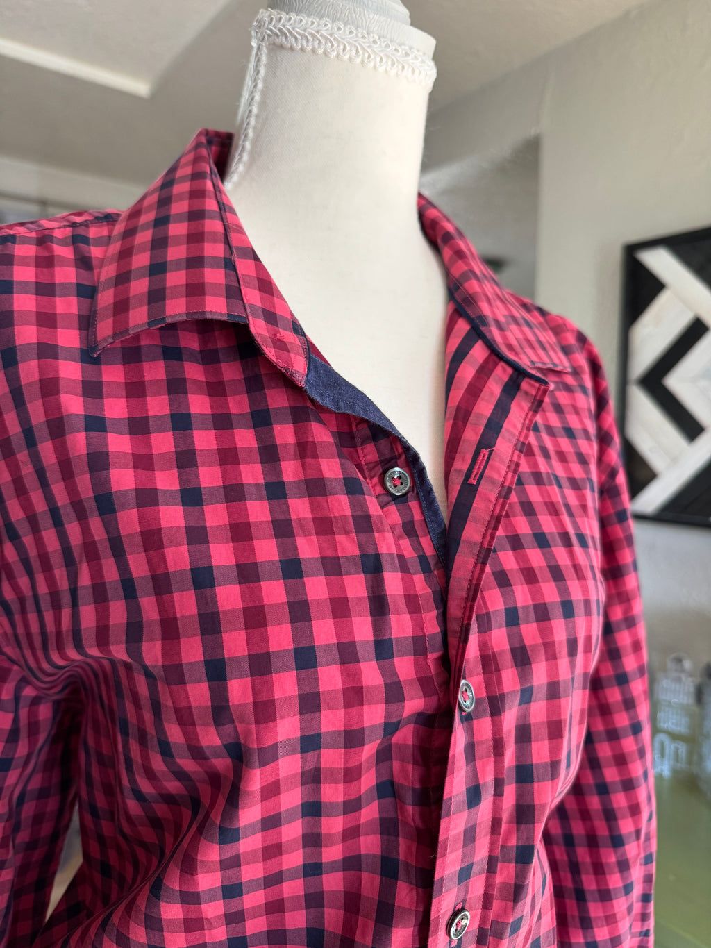 SOLD Juliet - Bugatchi Upcycled Mens Dress Ruffle Sleeve shirt Pink Plaid - XL