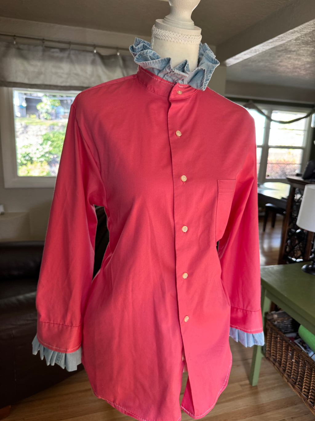 SOLD Roma - Arrow Upcycled Mens Ruffle collar and sleeve pink and denim ruffle shirt - Small