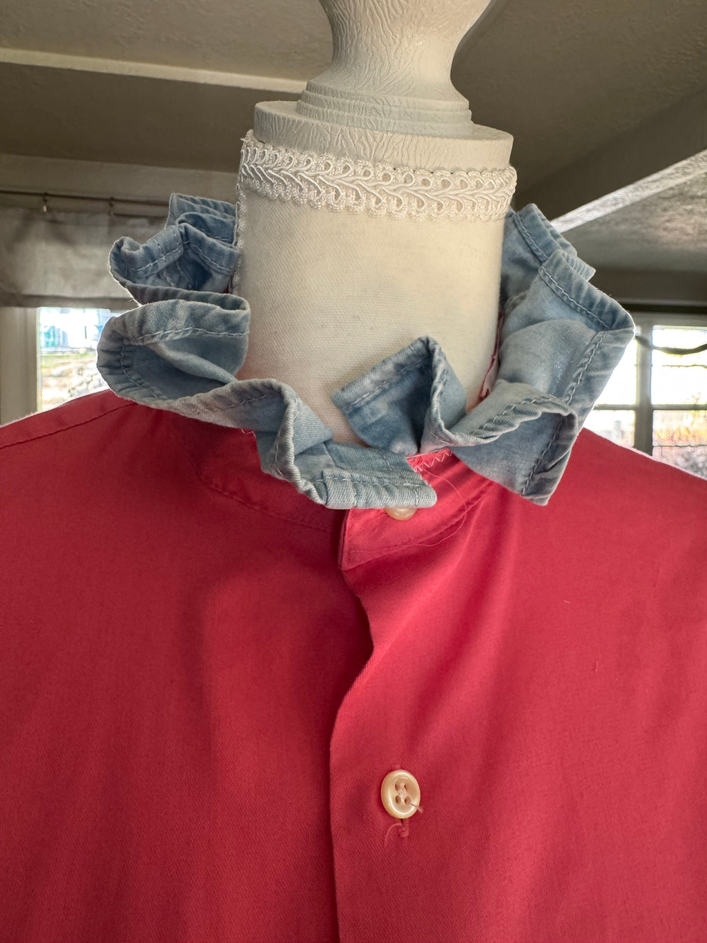 SOLD Roma - Arrow Upcycled Mens Ruffle collar and sleeve pink and denim ruffle shirt - Small