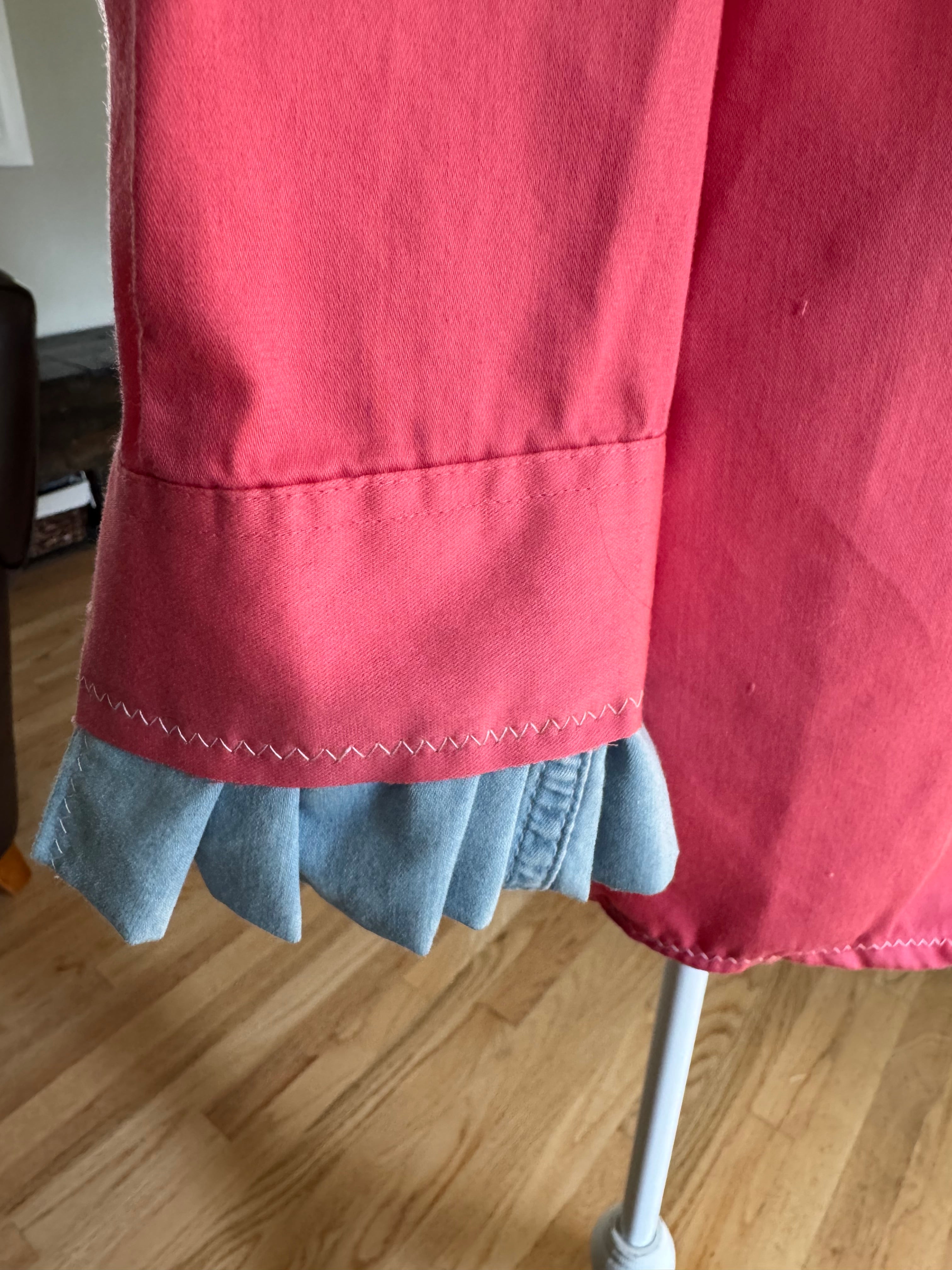 SOLD Roma - Arrow Upcycled Mens Ruffle collar and sleeve pink and denim ruffle shirt - Small