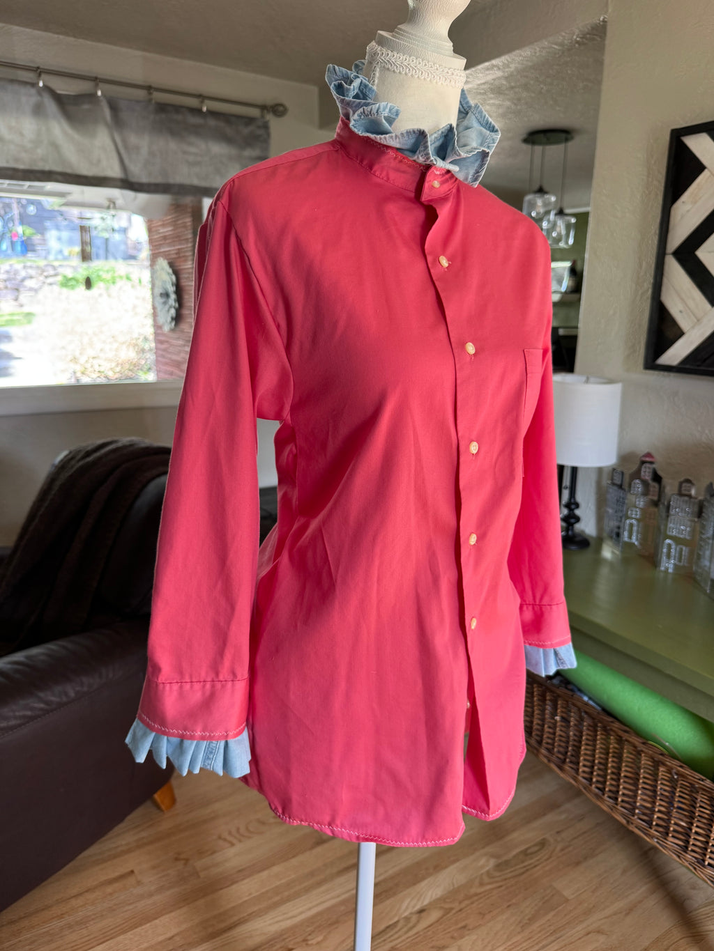 SOLD Roma - Arrow Upcycled Mens Ruffle collar and sleeve pink and denim ruffle shirt - Small