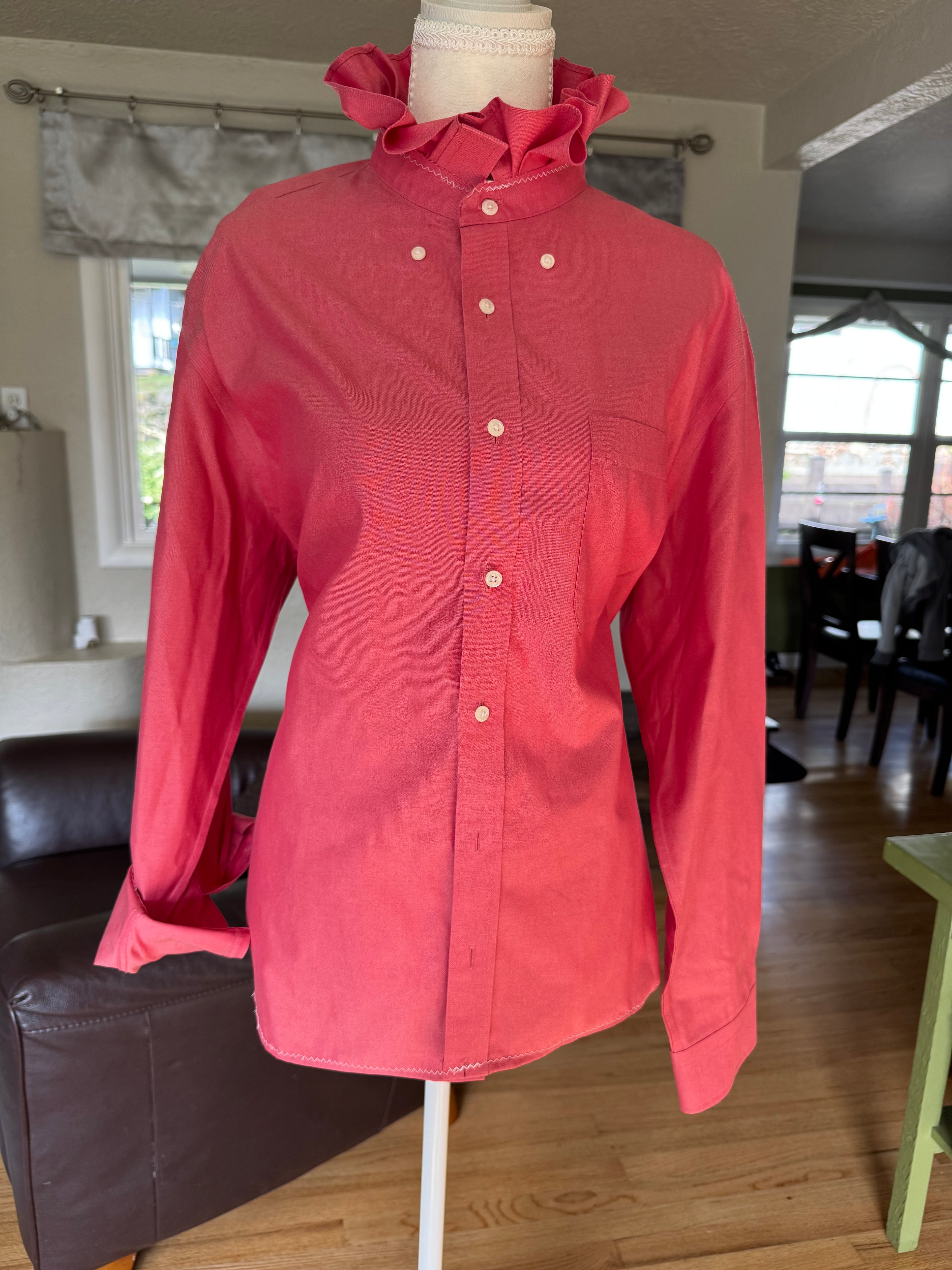SOLD Lola - Nordstrom Upcycled Mens Shirt Ruffle Collar  - pink - size XL