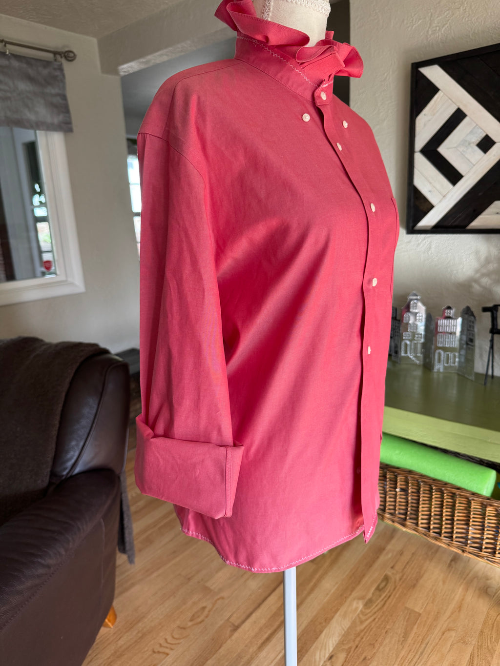 SOLD Lola - Nordstrom Upcycled Mens Shirt Ruffle Collar  - pink - size XL