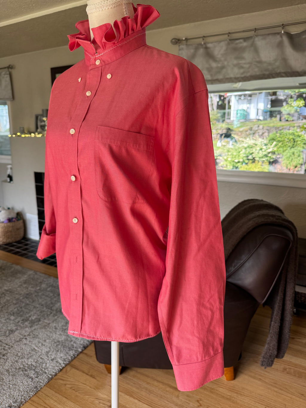 SOLD Lola - Nordstrom Upcycled Mens Shirt Ruffle Collar  - pink - size XL