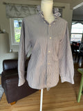 SOLD Lottie - Eddie Bauer Upcycled Mens Ruffle Neck shirt - Gray Strip - Size M/L