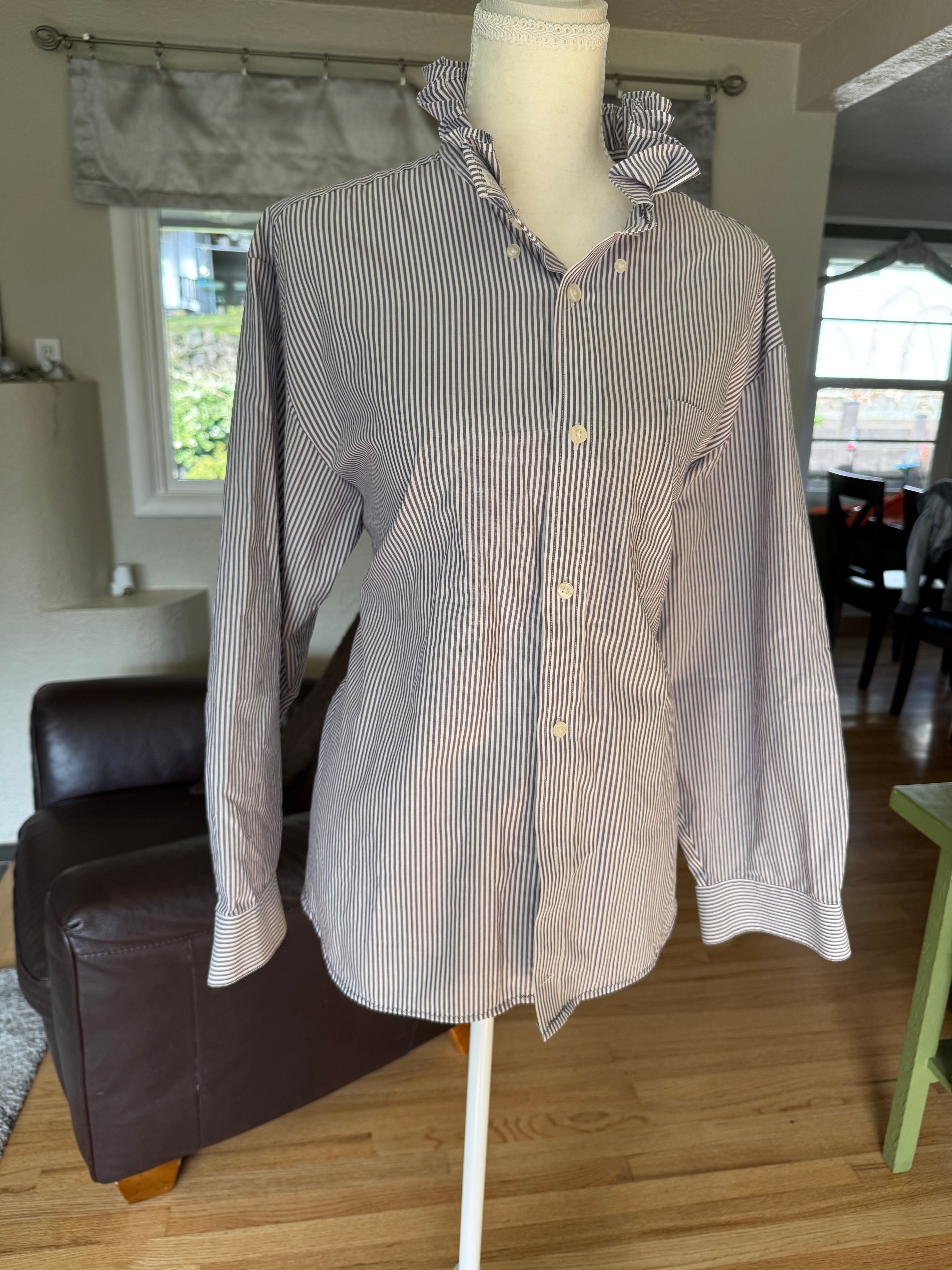 SOLD Lottie - Eddie Bauer Upcycled Mens Ruffle Neck shirt - Gray Strip - Size M/L