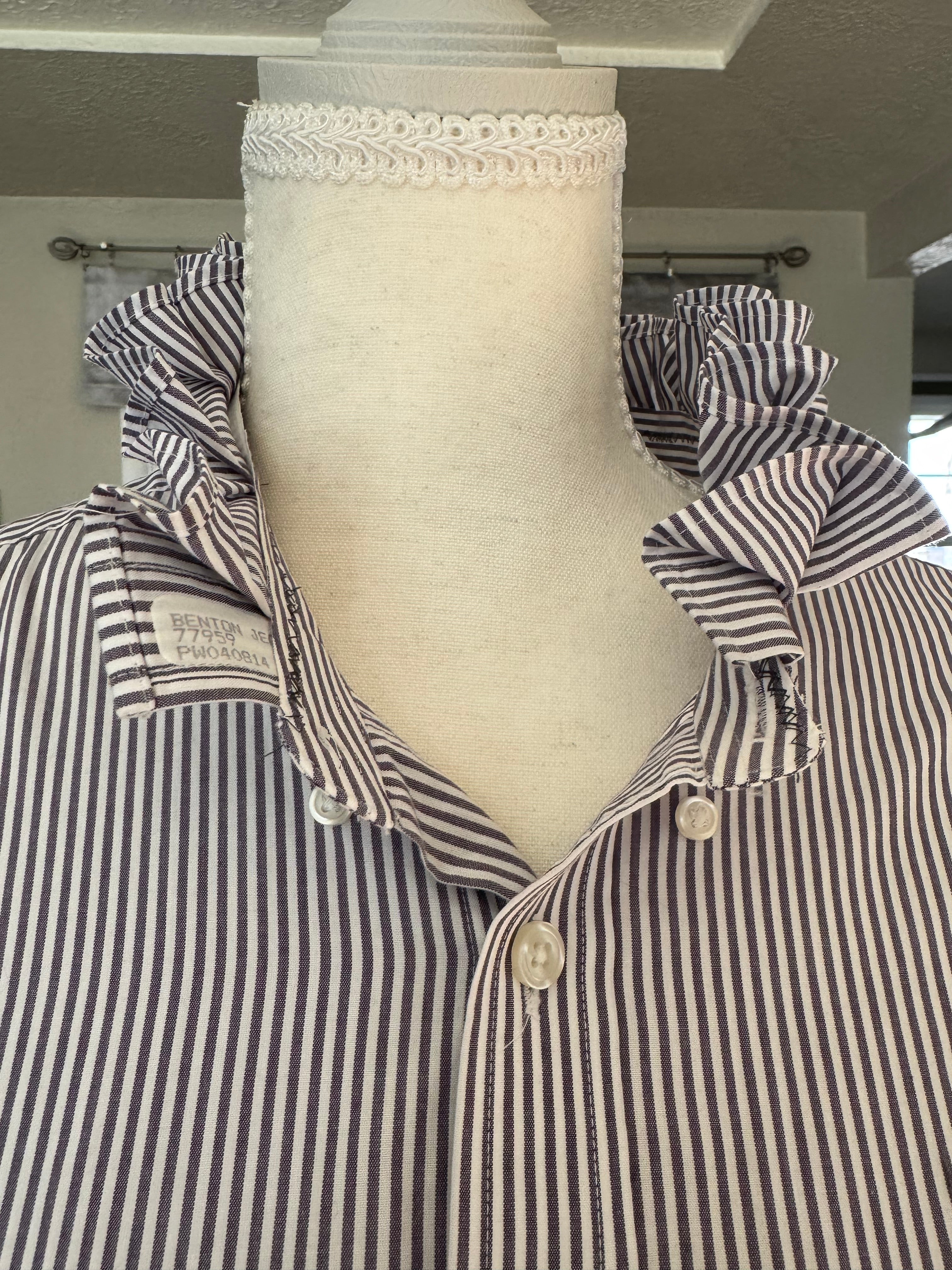 SOLD Lottie - Eddie Bauer Upcycled Mens Ruffle Neck shirt - Gray Strip - Size M/L