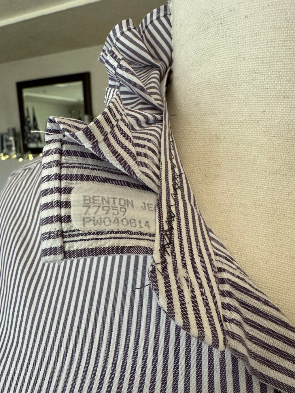 SOLD Lottie - Eddie Bauer Upcycled Mens Ruffle Neck shirt - Gray Strip - Size M/L