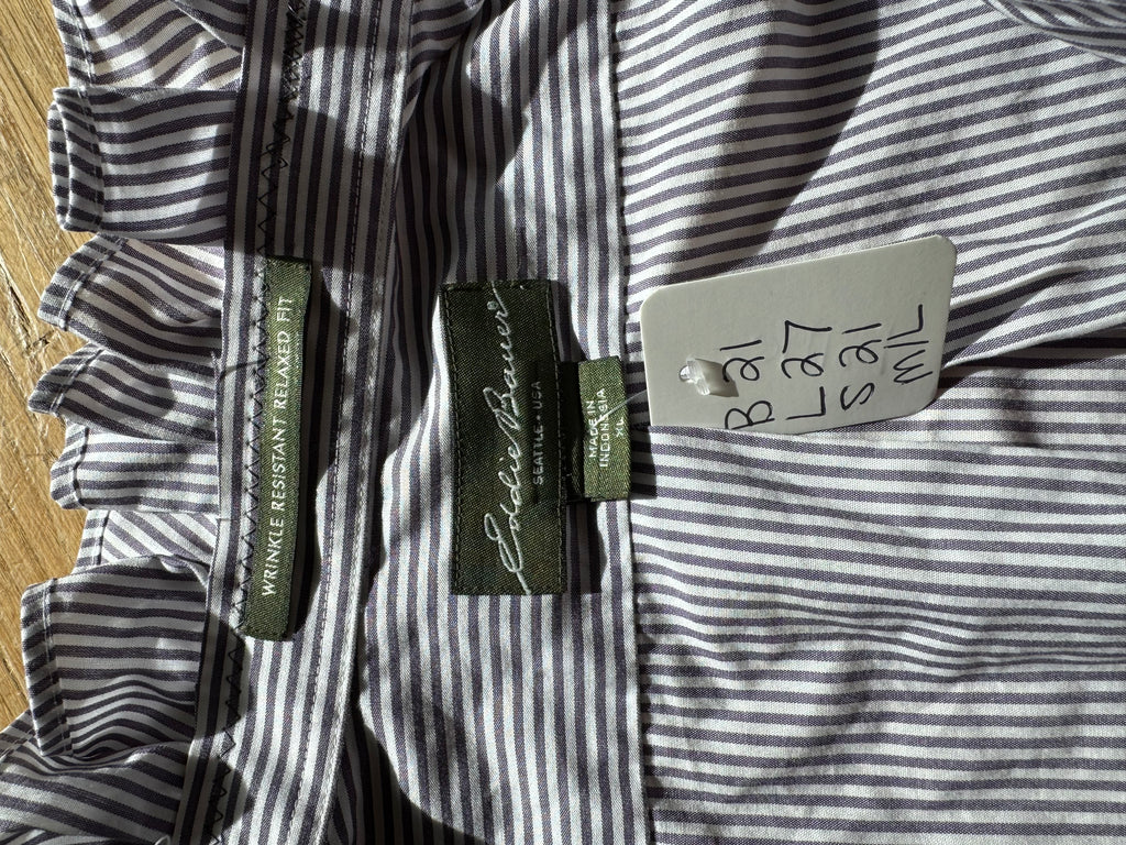 SOLD Lottie - Eddie Bauer Upcycled Mens Ruffle Neck shirt - Gray Strip - Size M/L