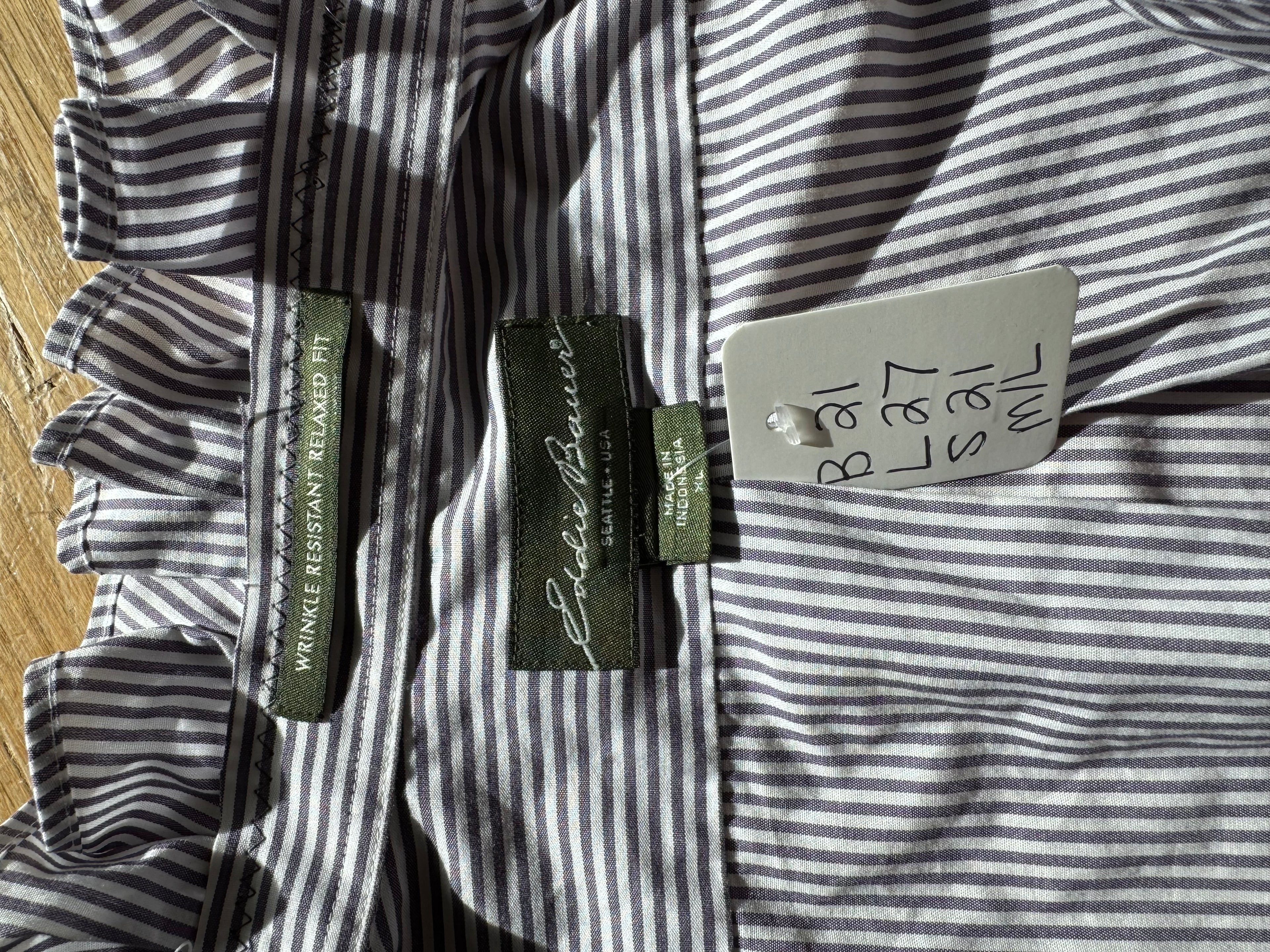 SOLD Lottie - Eddie Bauer Upcycled Mens Ruffle Neck shirt - Gray Strip - Size M/L