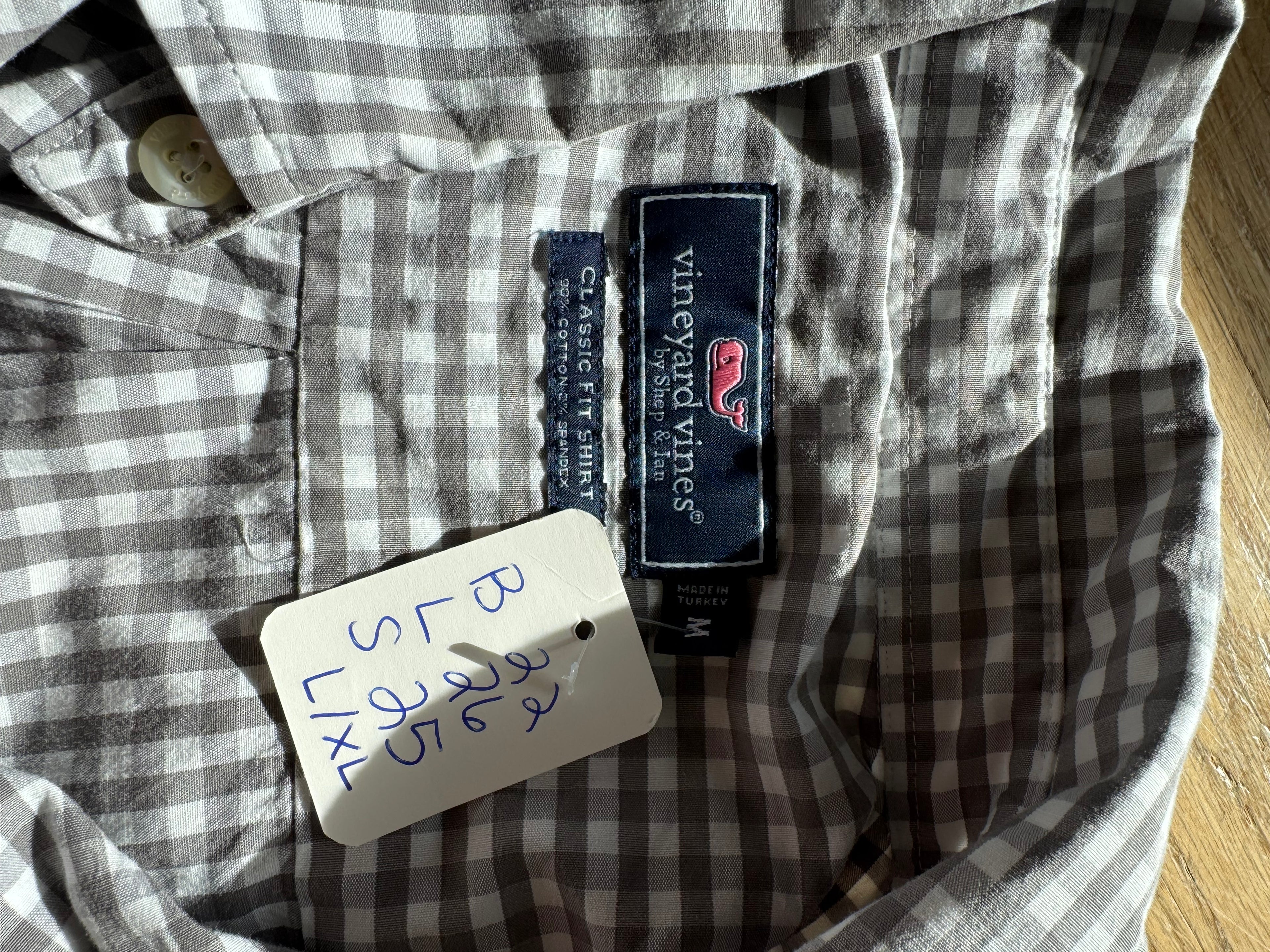 Fiona - Vineyard Vines Upcycled Mens Ruffle Sleeve shirt - Khaki Plaid - Size L/XL