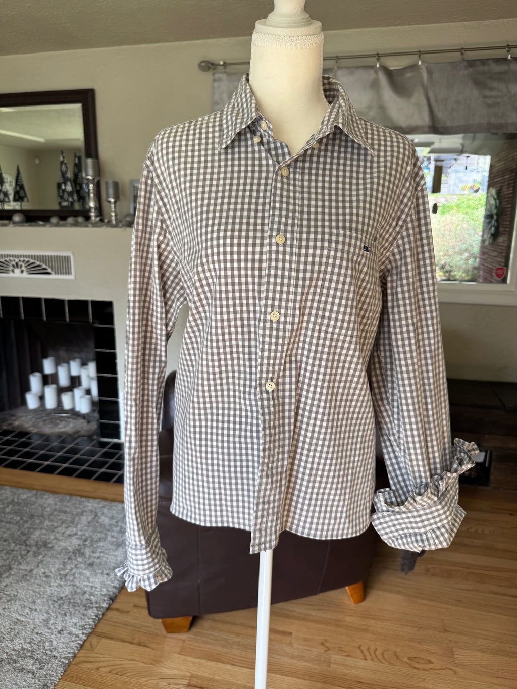 Fiona - Vineyard Vines Upcycled Mens Ruffle Sleeve shirt - Khaki Plaid - Size L/XL
