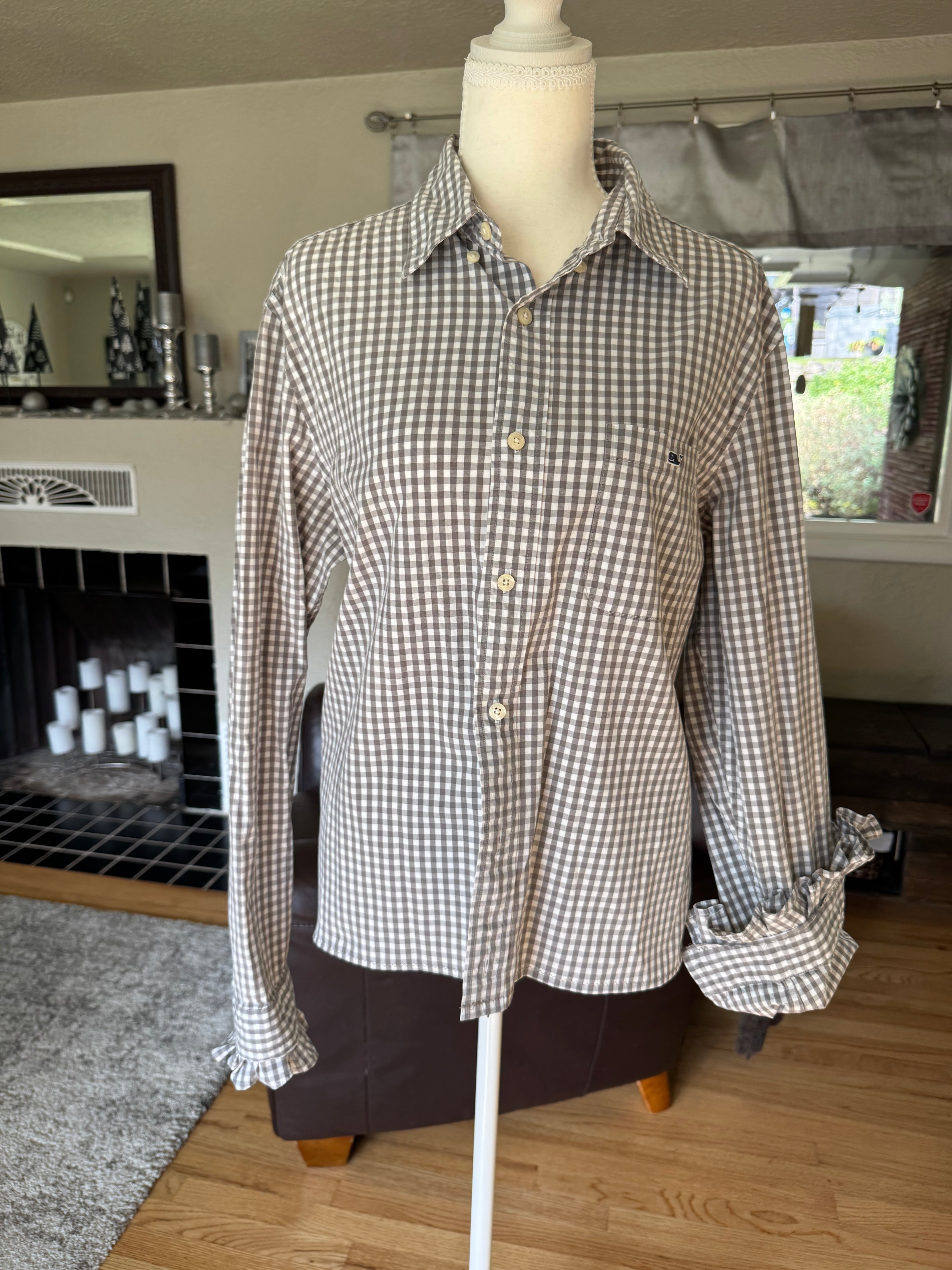Fiona - Vineyard Vines Upcycled Mens Ruffle Sleeve shirt - Khaki Plaid - Size L/XL