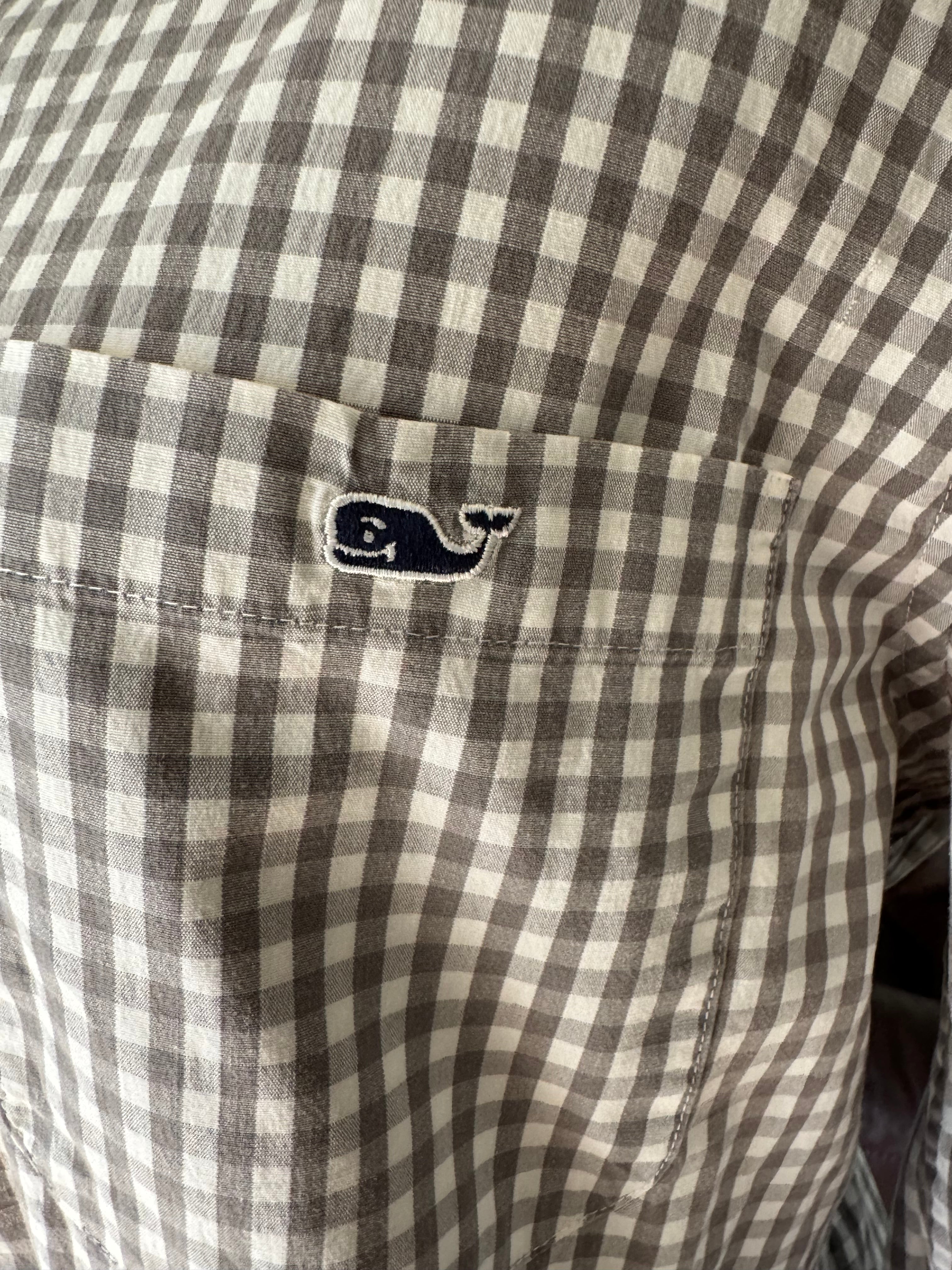 Fiona - Vineyard Vines Upcycled Mens Ruffle Sleeve shirt - Khaki Plaid - Size L/XL