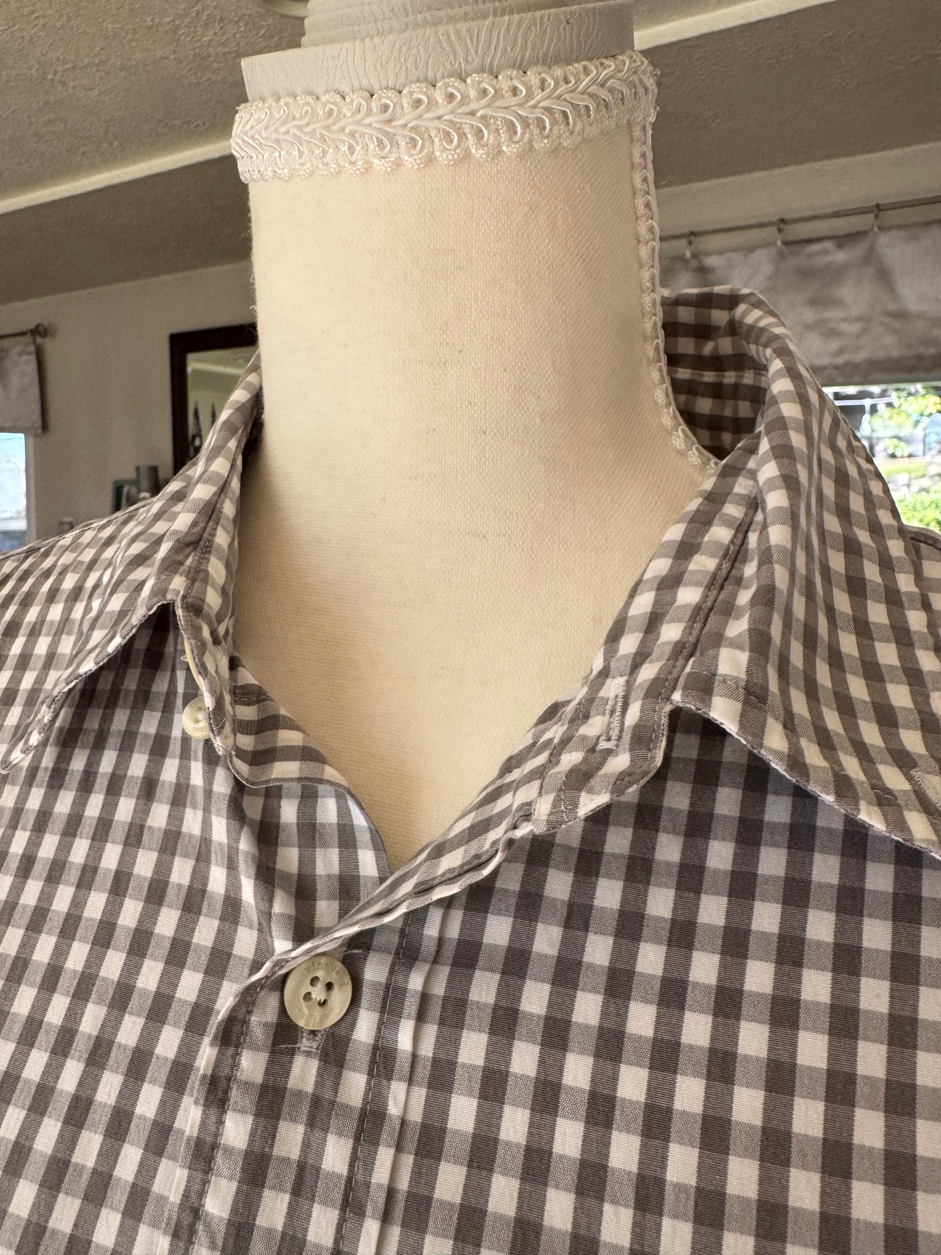 Fiona - Vineyard Vines Upcycled Mens Ruffle Sleeve shirt - Khaki Plaid - Size L/XL