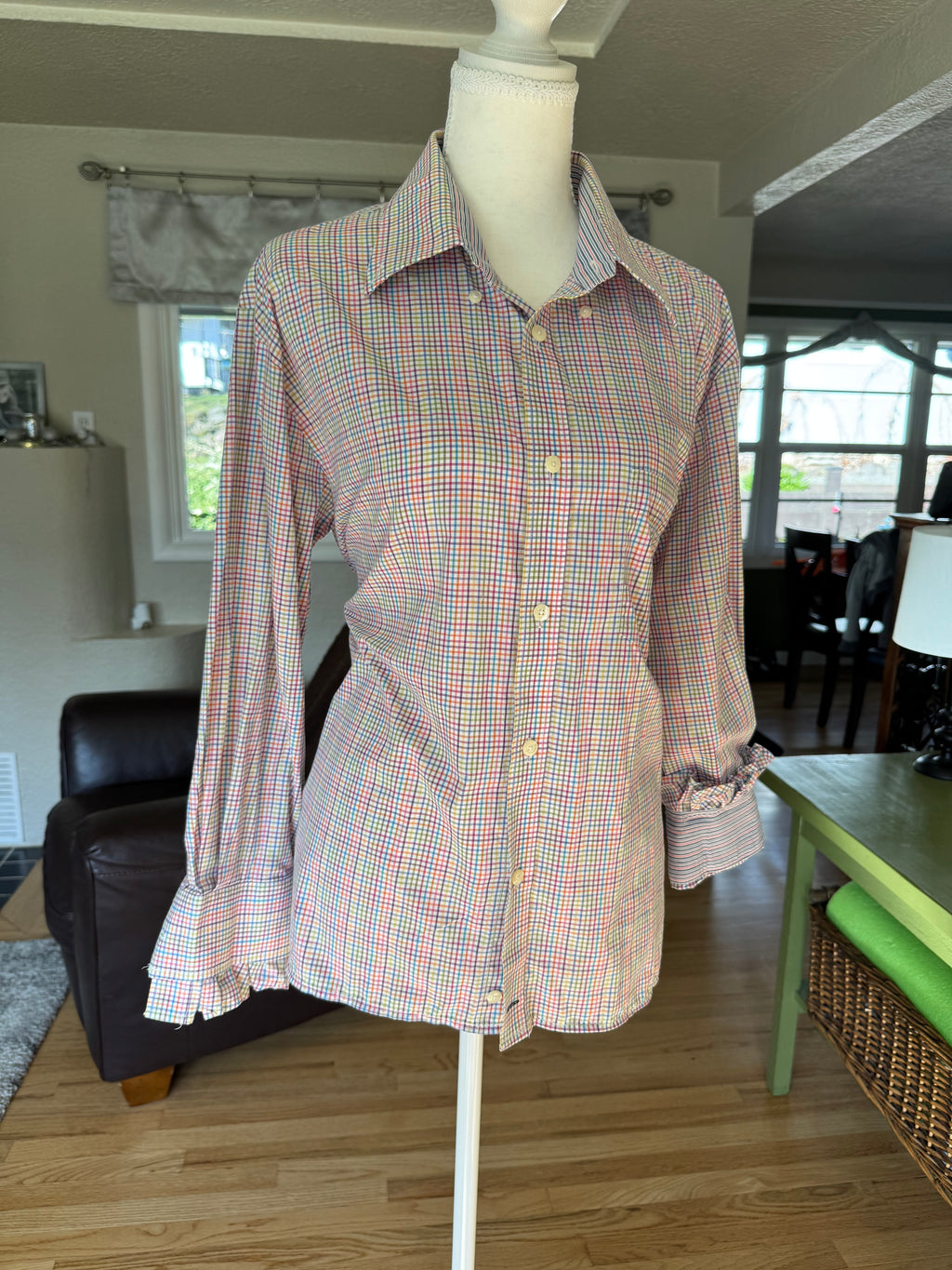 SOLD Everly - Viyella Upcycled Mens Ruffle Sleeve Shirt - Rainbow Plaid - size Medium