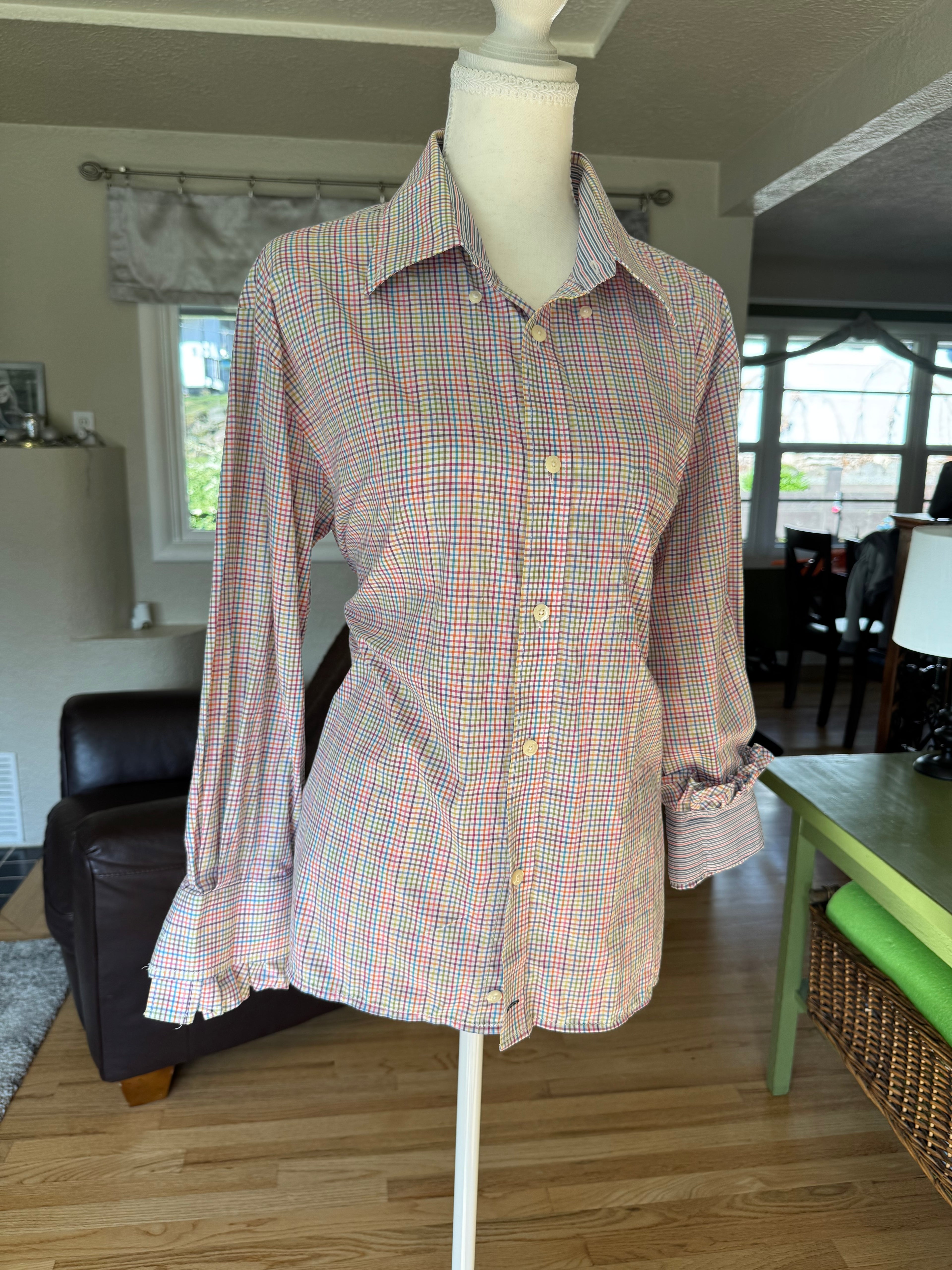SOLD Everly - Viyella Upcycled Mens Ruffle Sleeve Shirt - Rainbow Plaid - size Medium