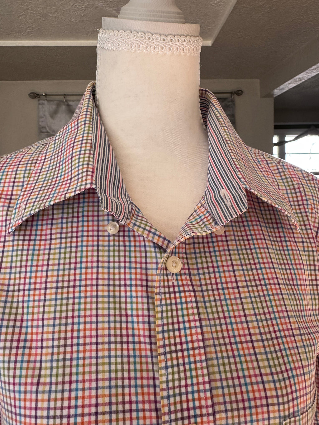SOLD Everly - Viyella Upcycled Mens Ruffle Sleeve Shirt - Rainbow Plaid - size Medium