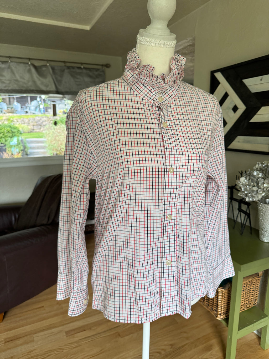 SOLD Finley - Gap Upcycled Mens Shirt with Ruffle Collar - Orange and Black Plaid size small