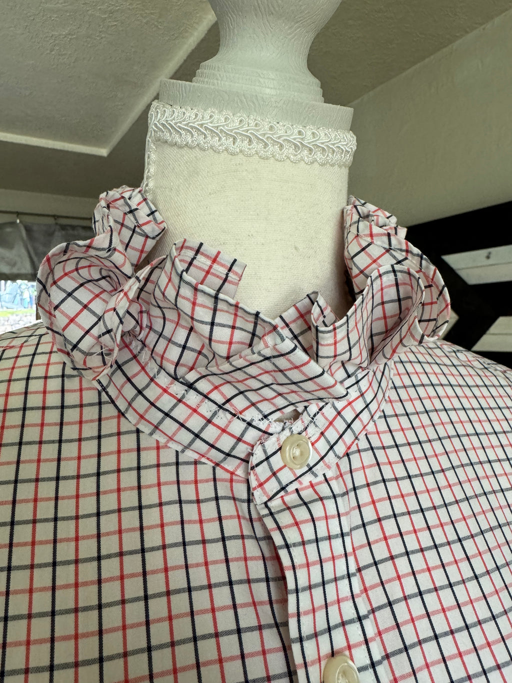 SOLD Finley - Gap Upcycled Mens Shirt with Ruffle Collar - Orange and Black Plaid size small