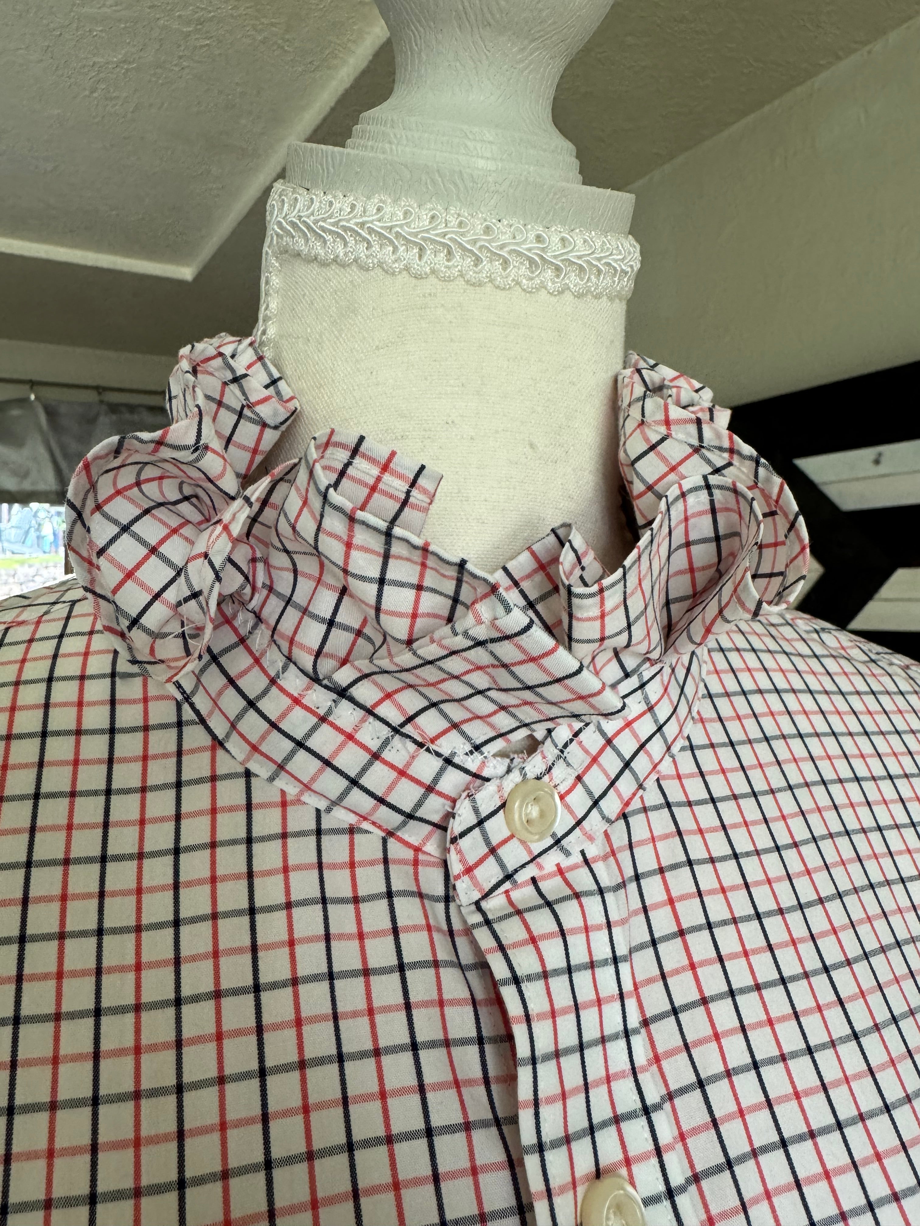 SOLD Finley - Gap Upcycled Mens Shirt with Ruffle Collar - Orange and Black Plaid size small