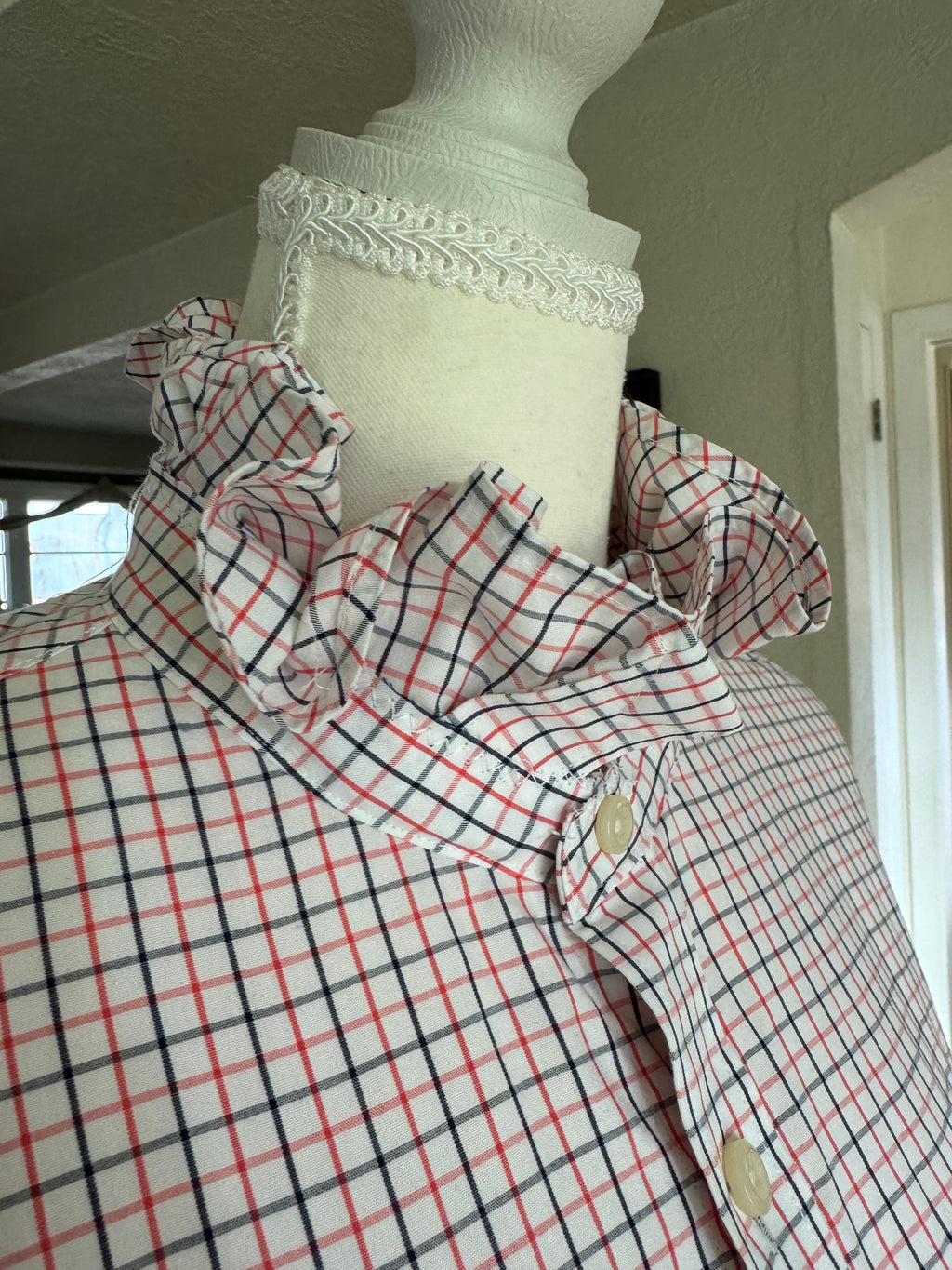 SOLD Finley - Gap Upcycled Mens Shirt with Ruffle Collar - Orange and Black Plaid size small