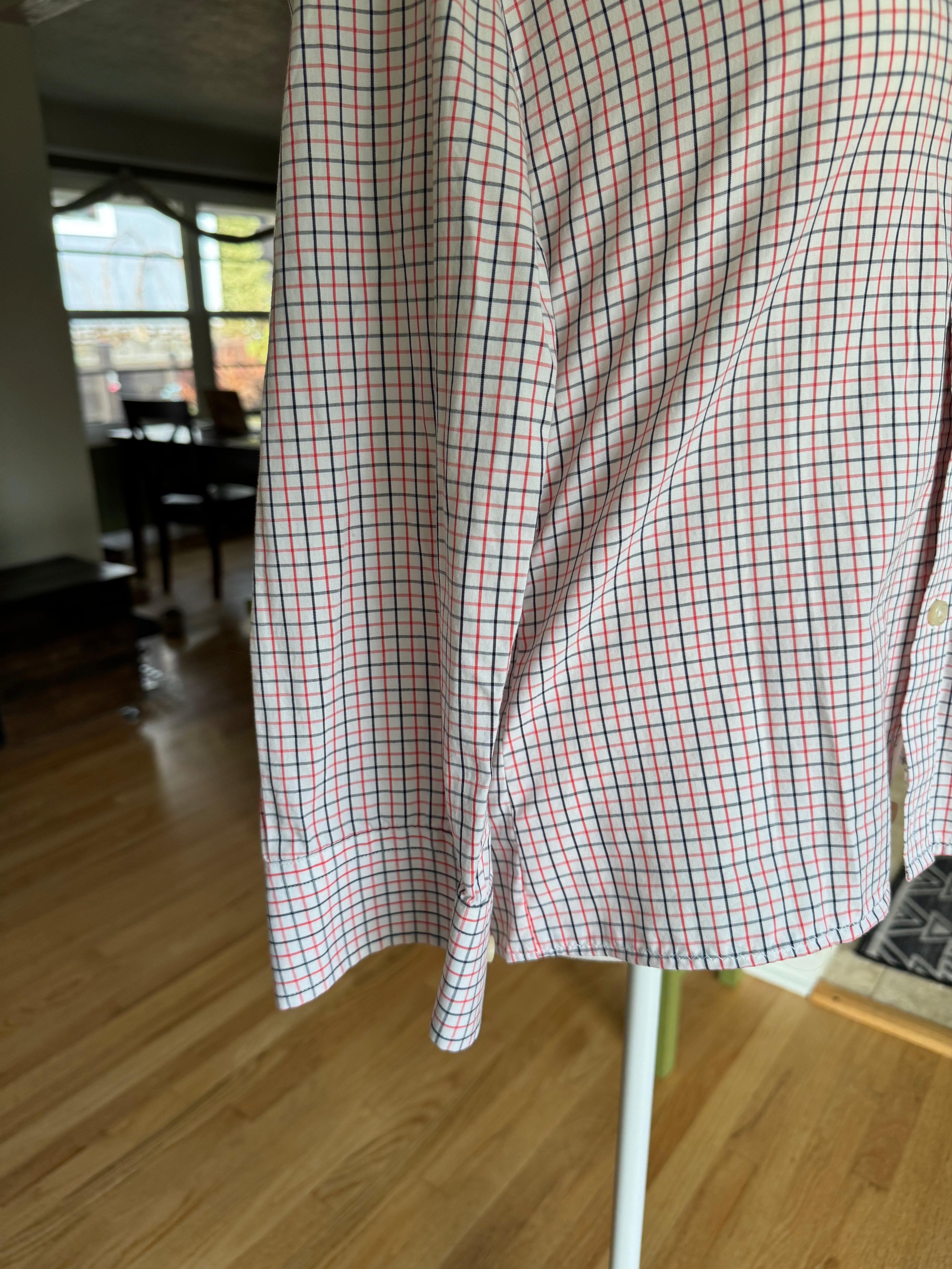 SOLD Finley - Gap Upcycled Mens Shirt with Ruffle Collar - Orange and Black Plaid size small