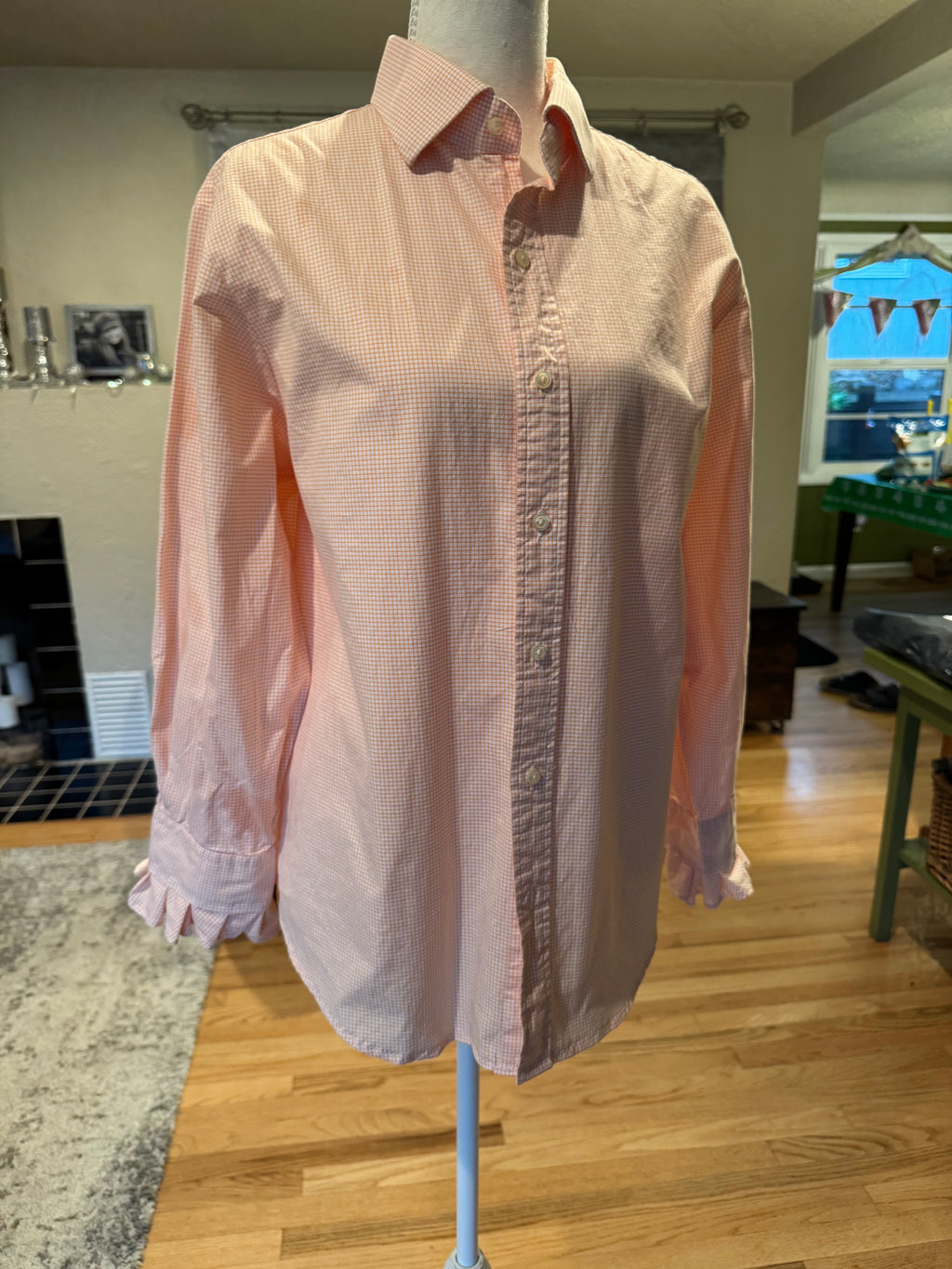 Lane - Polo by Ralph Lauren Upcycled Mens shirt, ruffle sleeve, orange checked - size M/L