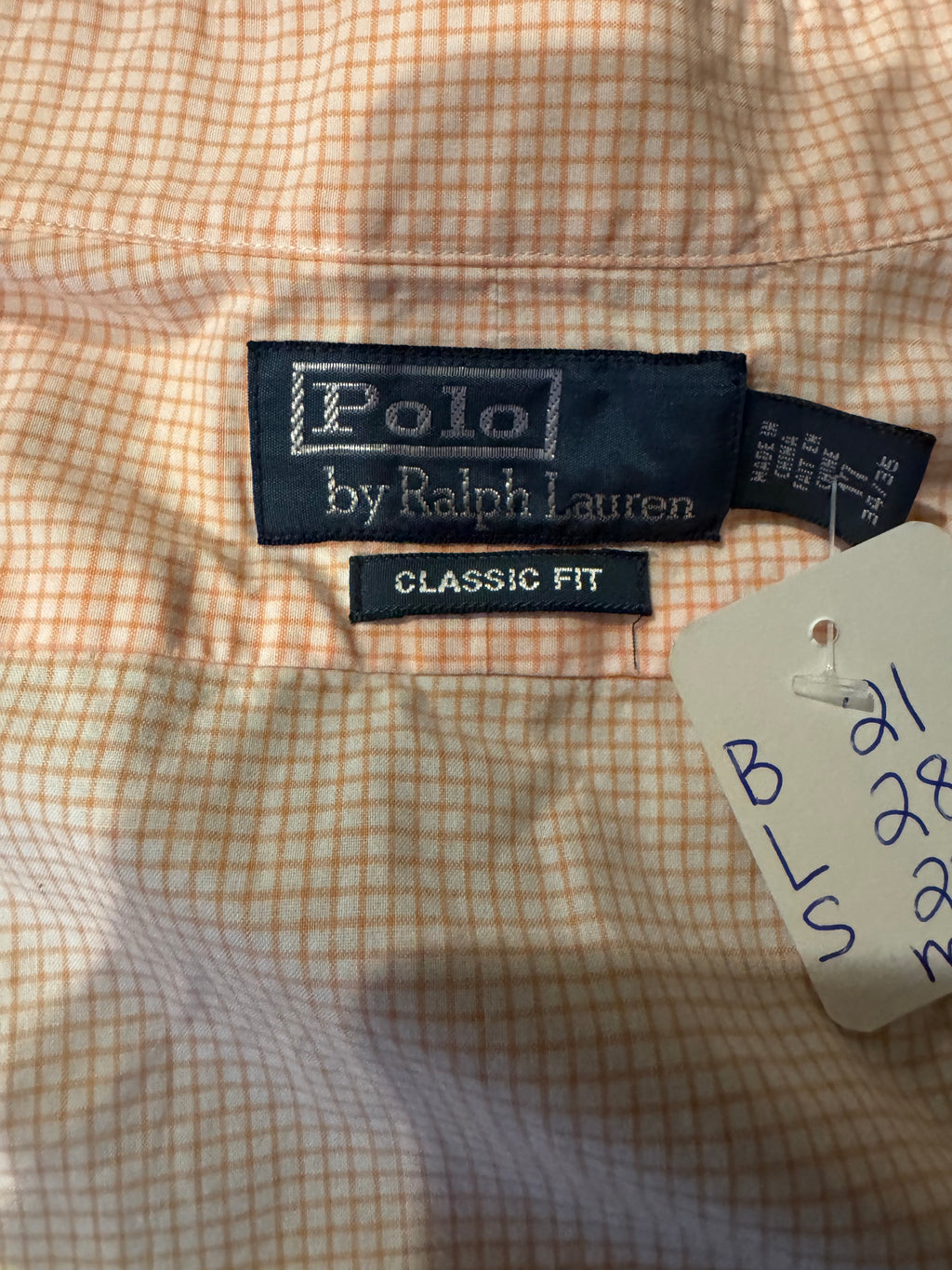 Lane - Polo by Ralph Lauren Upcycled Mens shirt, ruffle sleeve, orange checked - size M/L
