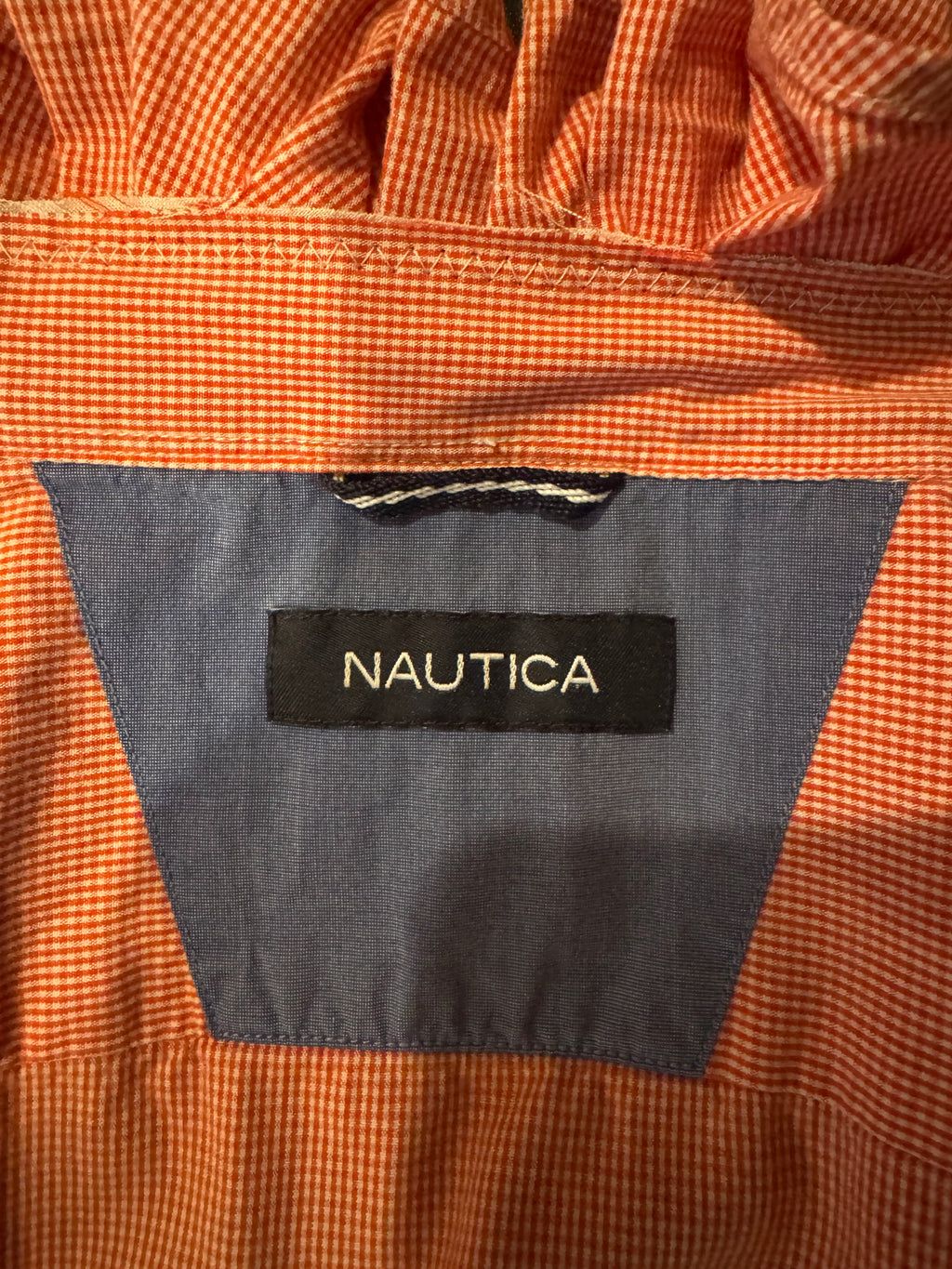 SOLD Rory - Nautica Upcycled Men's Ruffle Collar and Sleeve - Orange Gingham - Size L/XL