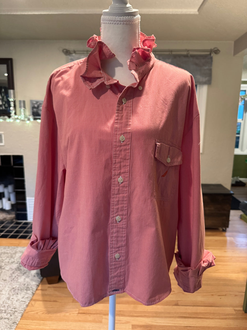 SOLD Rory - Nautica Upcycled Men's Ruffle Collar and Sleeve - Orange Gingham - Size L/XL