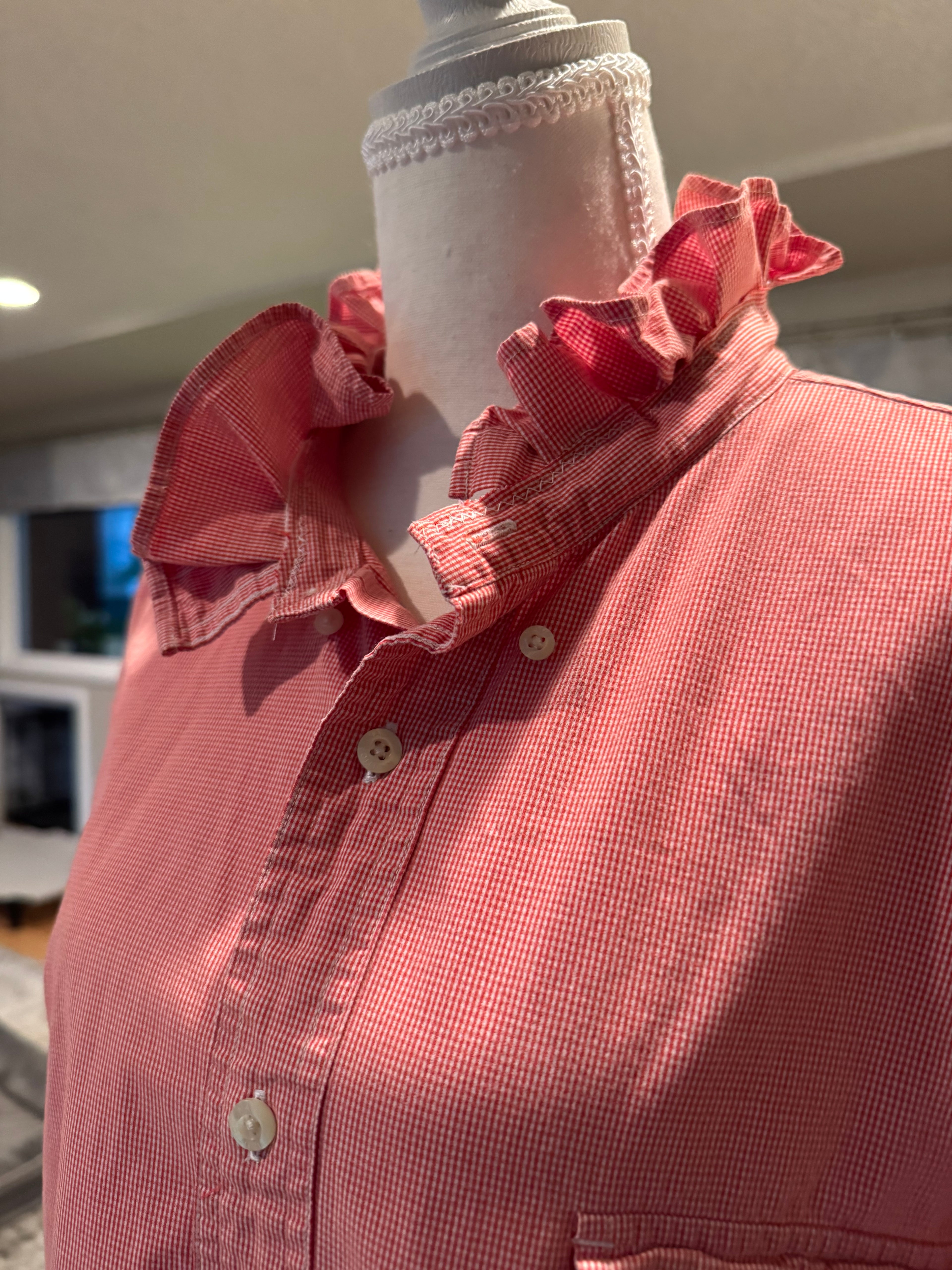 SOLD Rory - Nautica Upcycled Men's Ruffle Collar and Sleeve - Orange Gingham - Size L/XL