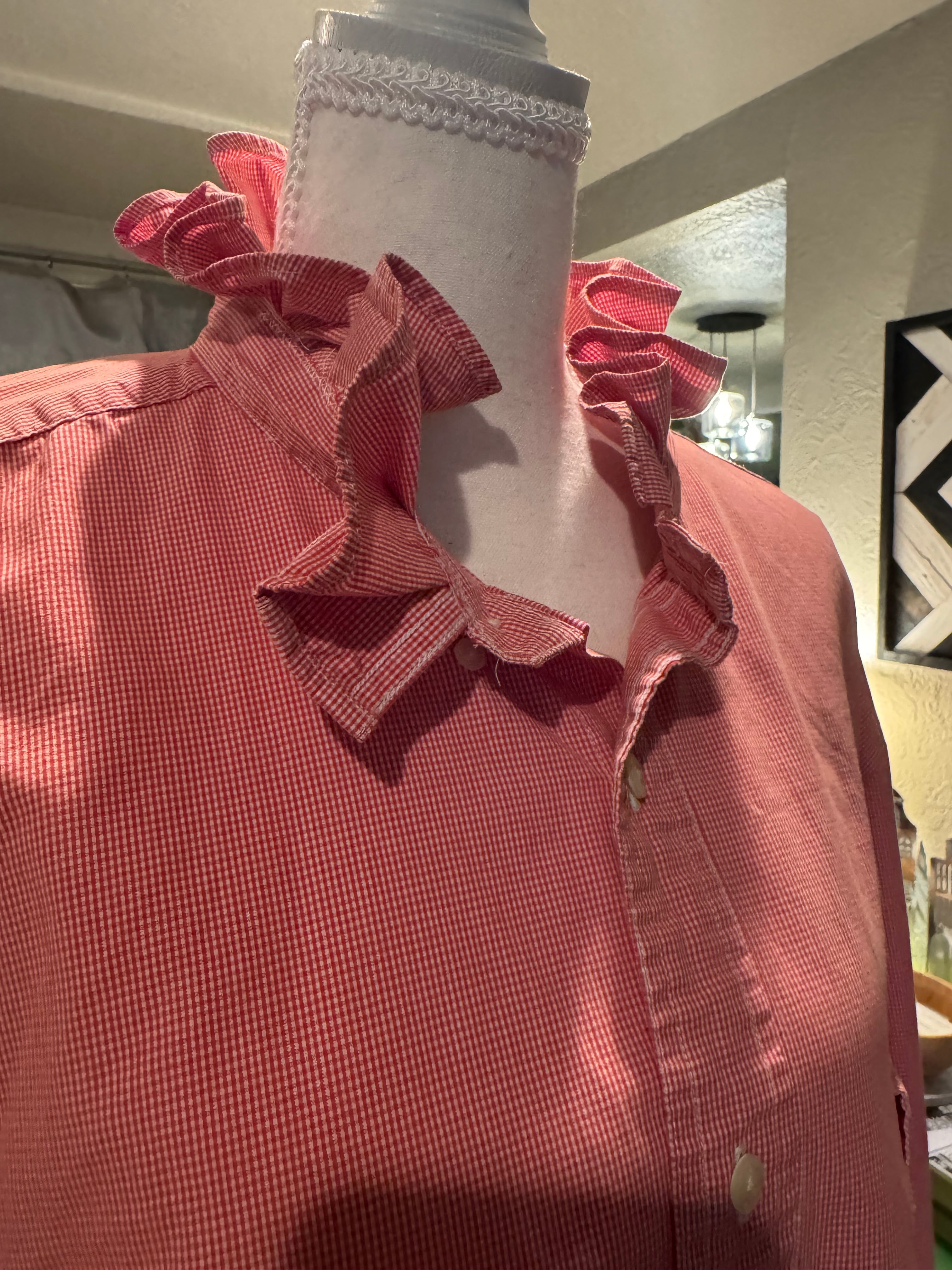 SOLD Rory - Nautica Upcycled Men's Ruffle Collar and Sleeve - Orange Gingham - Size L/XL