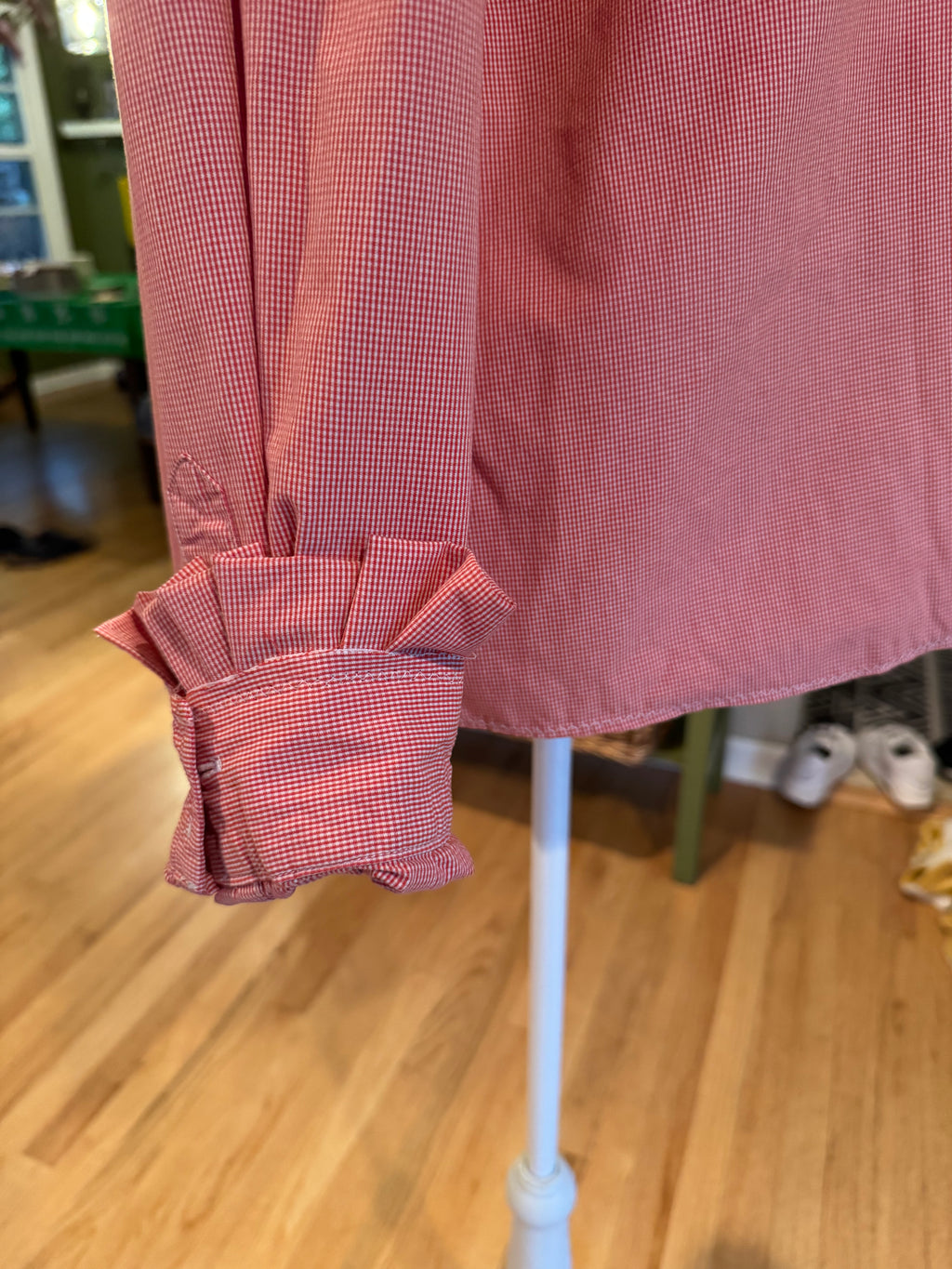 SOLD Rory - Nautica Upcycled Men's Ruffle Collar and Sleeve - Orange Gingham - Size L/XL