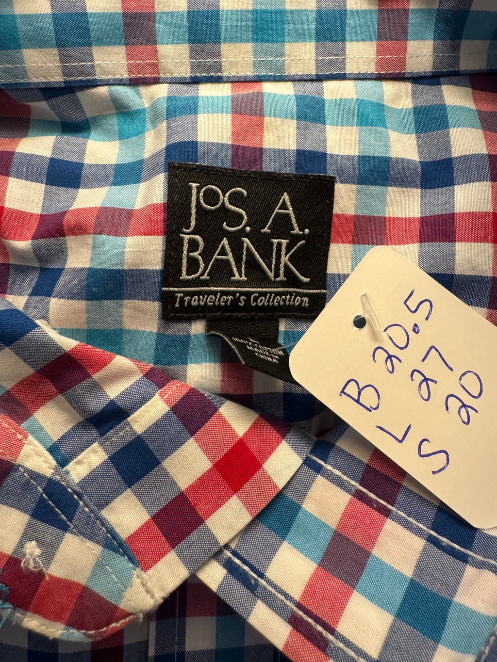 SOLD James - JOS A Bank Upcycled Mens Ruffle Shirt - Turquoise/Red Plaid - Size Medium