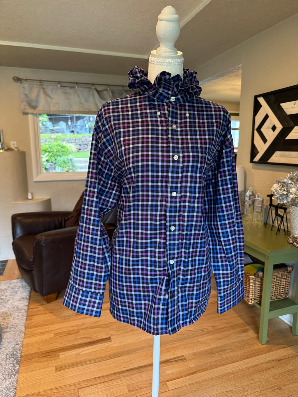 SOLD Bailey - Hathaway Upcycled Mens Ruffle Collar Shirt Navy and Purple Plaid - size M/L
