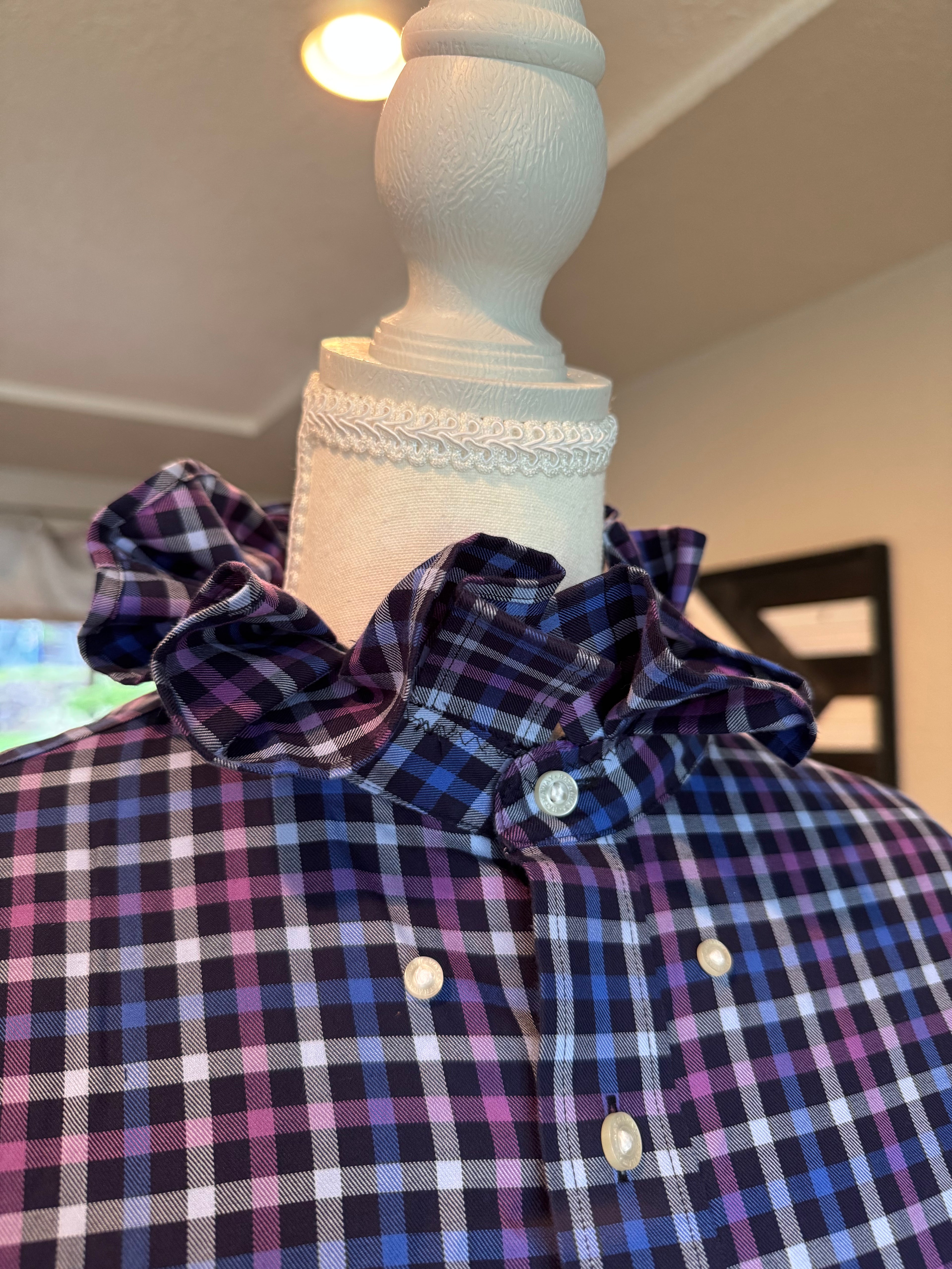 SOLD Bailey - Hathaway Upcycled Mens Ruffle Collar Shirt Navy and Purple Plaid - size M/L