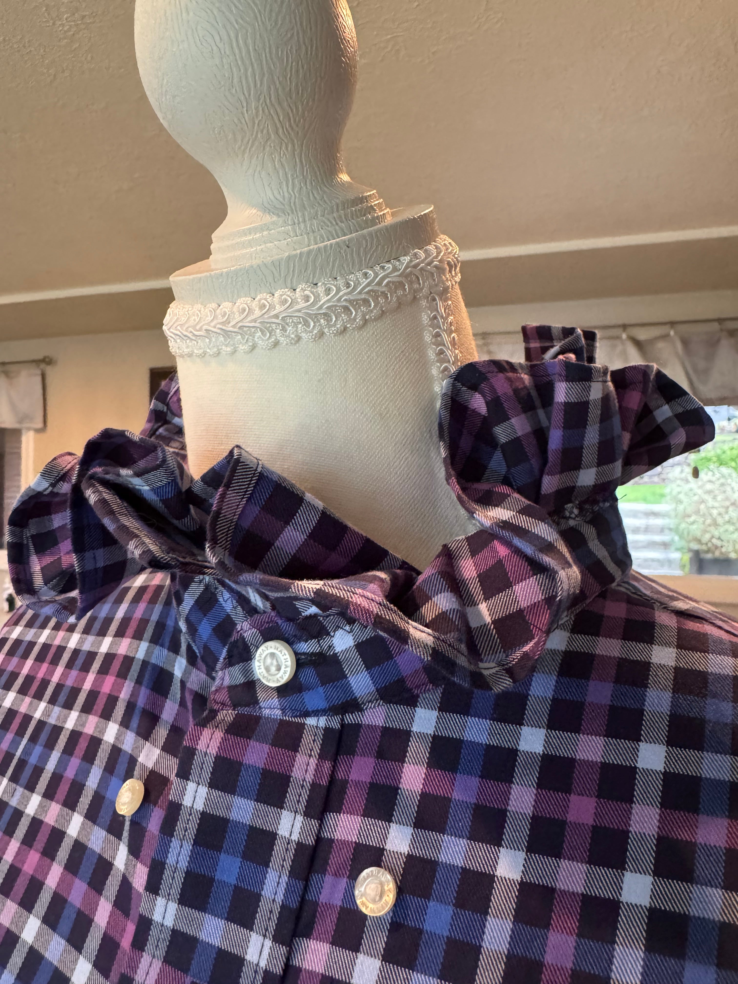 SOLD Bailey - Hathaway Upcycled Mens Ruffle Collar Shirt Navy and Purple Plaid - size M/L