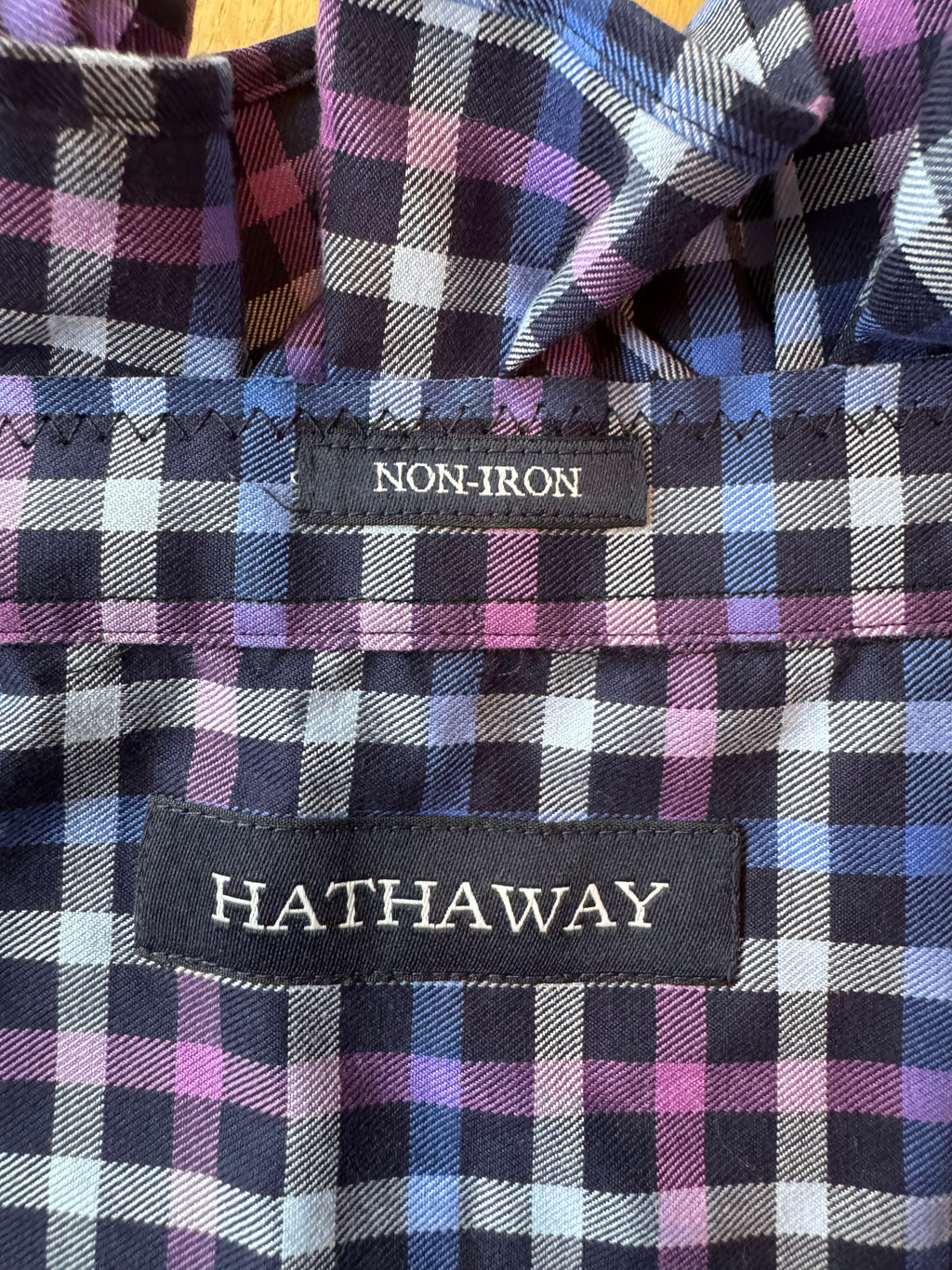SOLD Bailey - Hathaway Upcycled Mens Ruffle Collar Shirt Navy and Purple Plaid - size M/L