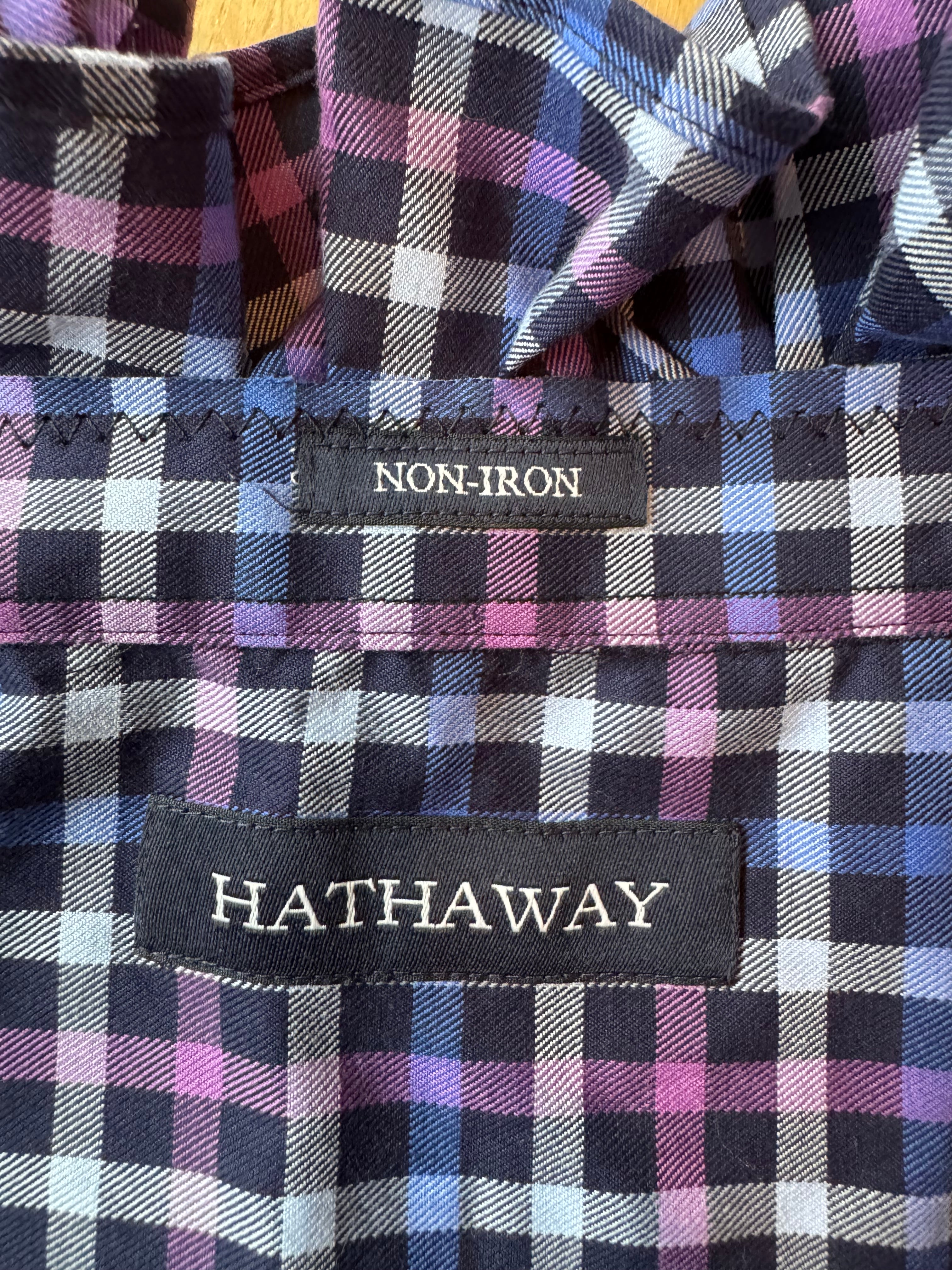 SOLD Bailey - Hathaway Upcycled Mens Ruffle Collar Shirt Navy and Purple Plaid - size M/L