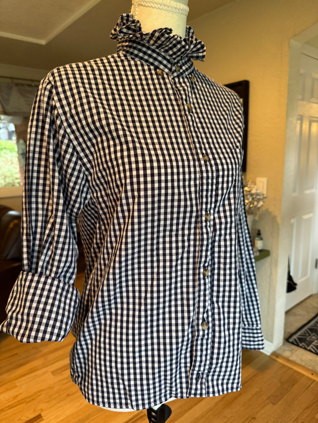 SOLD Gwen - Vineyard Vines Upcycled Mens Ruffle Collar Shirt - Navy Checkered Size Small