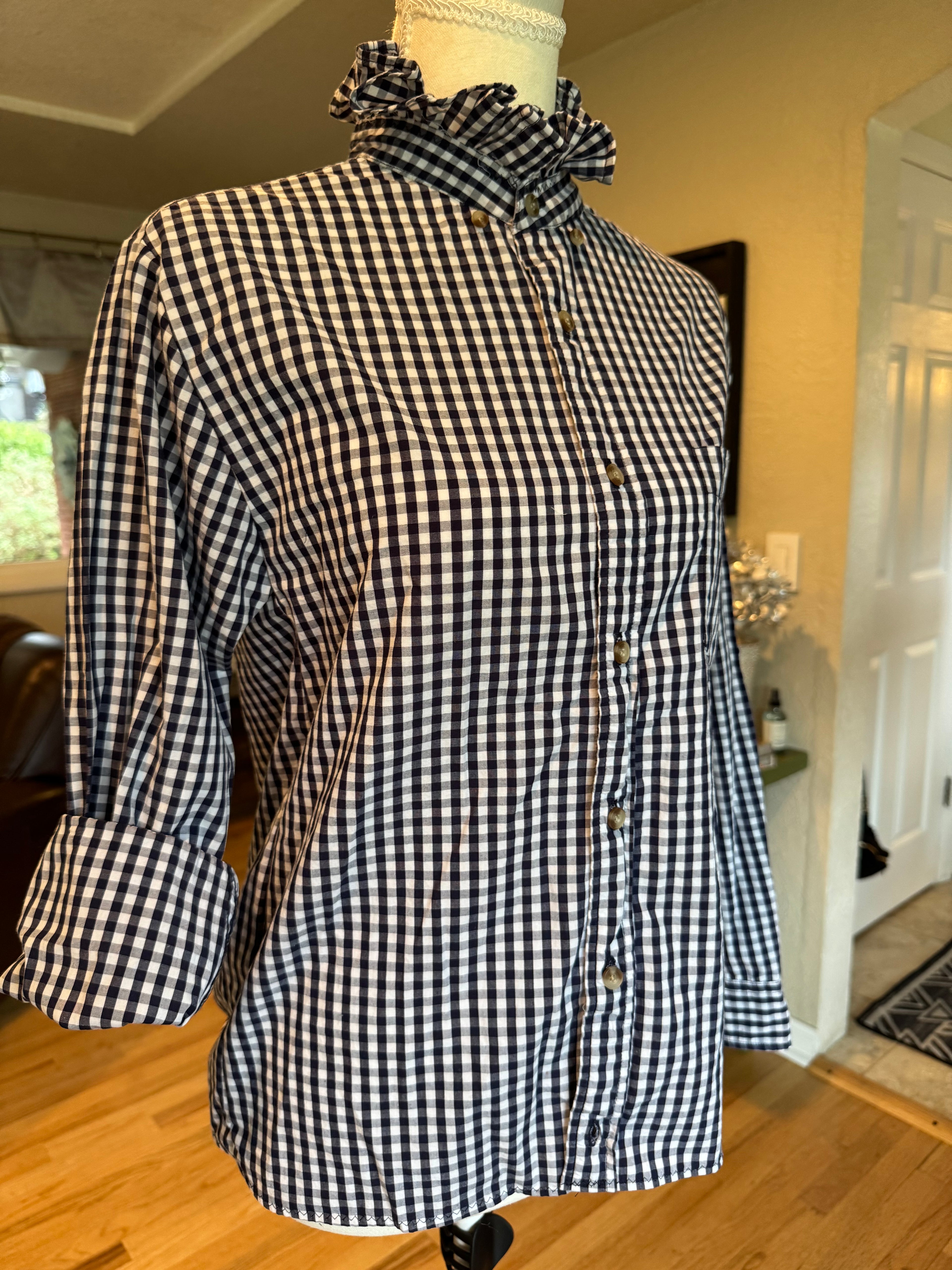 SOLD Gwen - Vineyard Vines Upcycled Mens Ruffle Collar Shirt - Navy Checkered Size Small