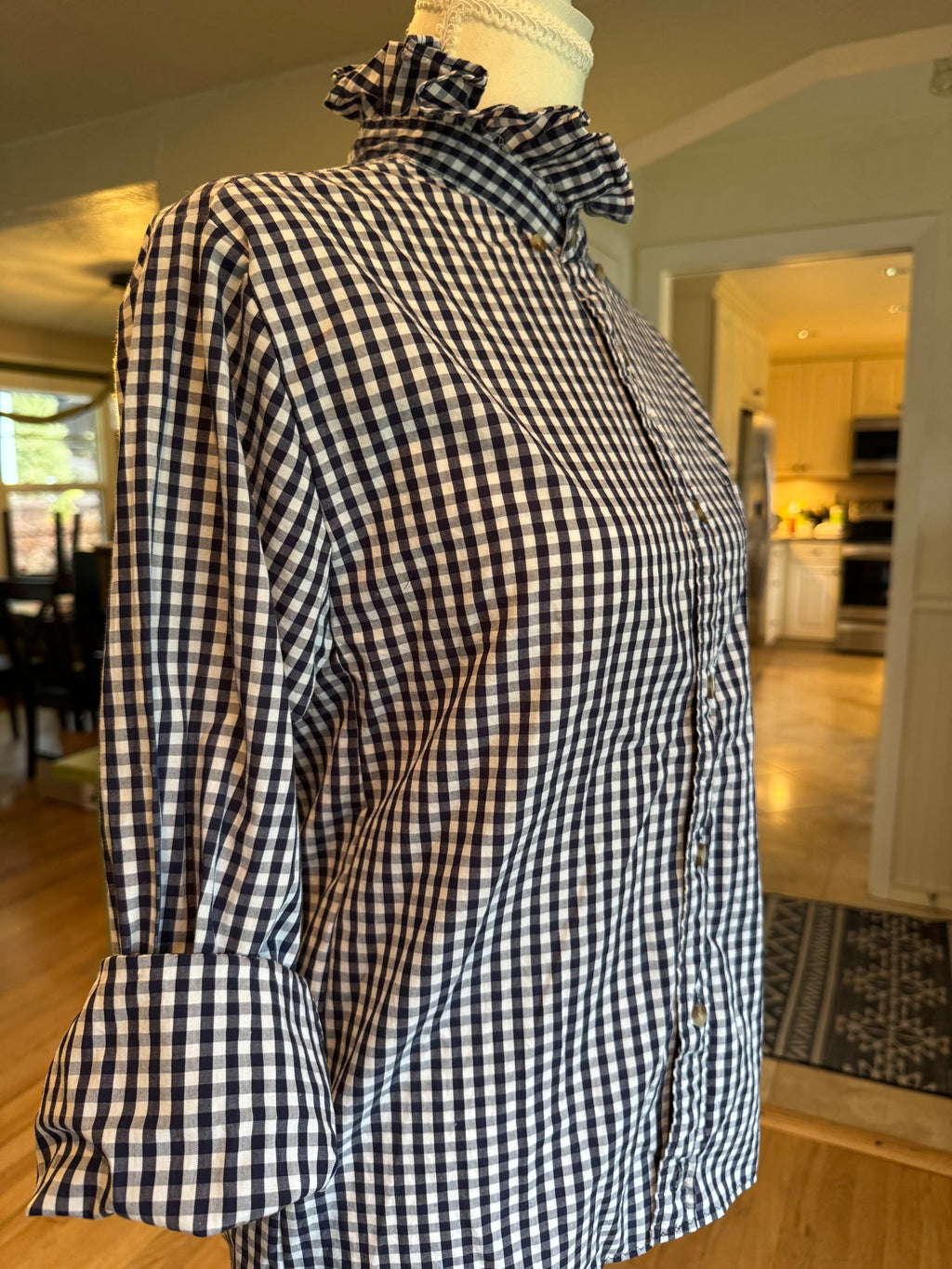 SOLD Gwen - Vineyard Vines Upcycled Mens Ruffle Collar Shirt - Navy Checkered Size Small